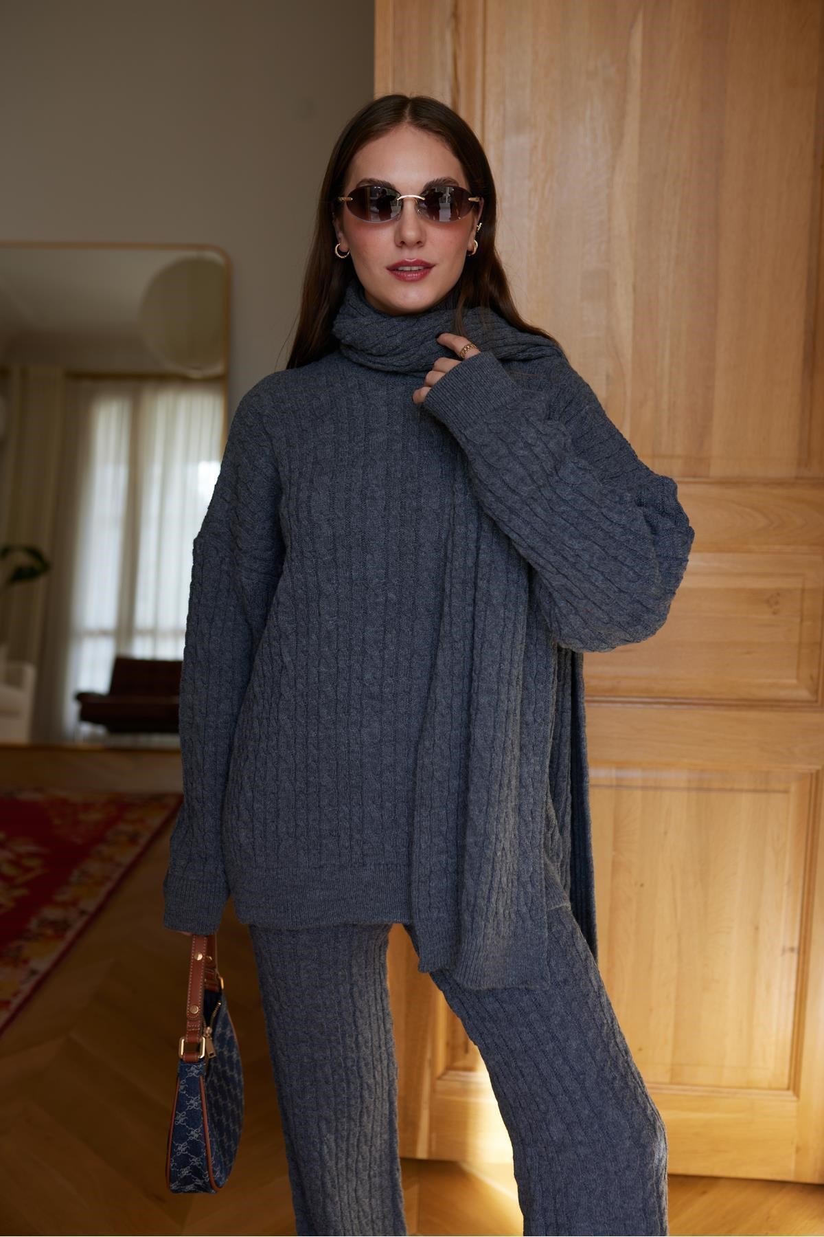 Kadın Triko Pantolon Takım Oversize Saç Örgülü