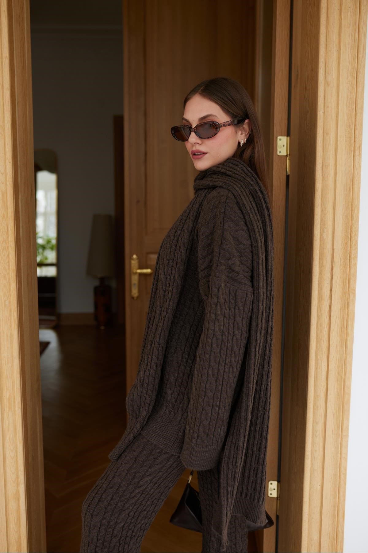 Kadın Triko Pantolon Takım Oversize Saç Örgülü