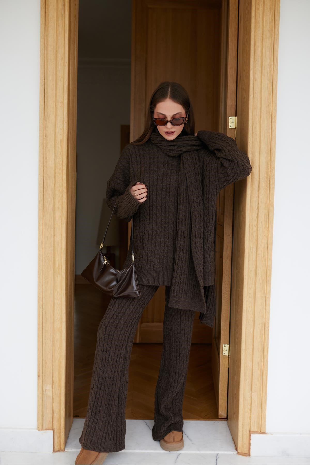 Kadın Triko Pantolon Takım Oversize Saç Örgülü