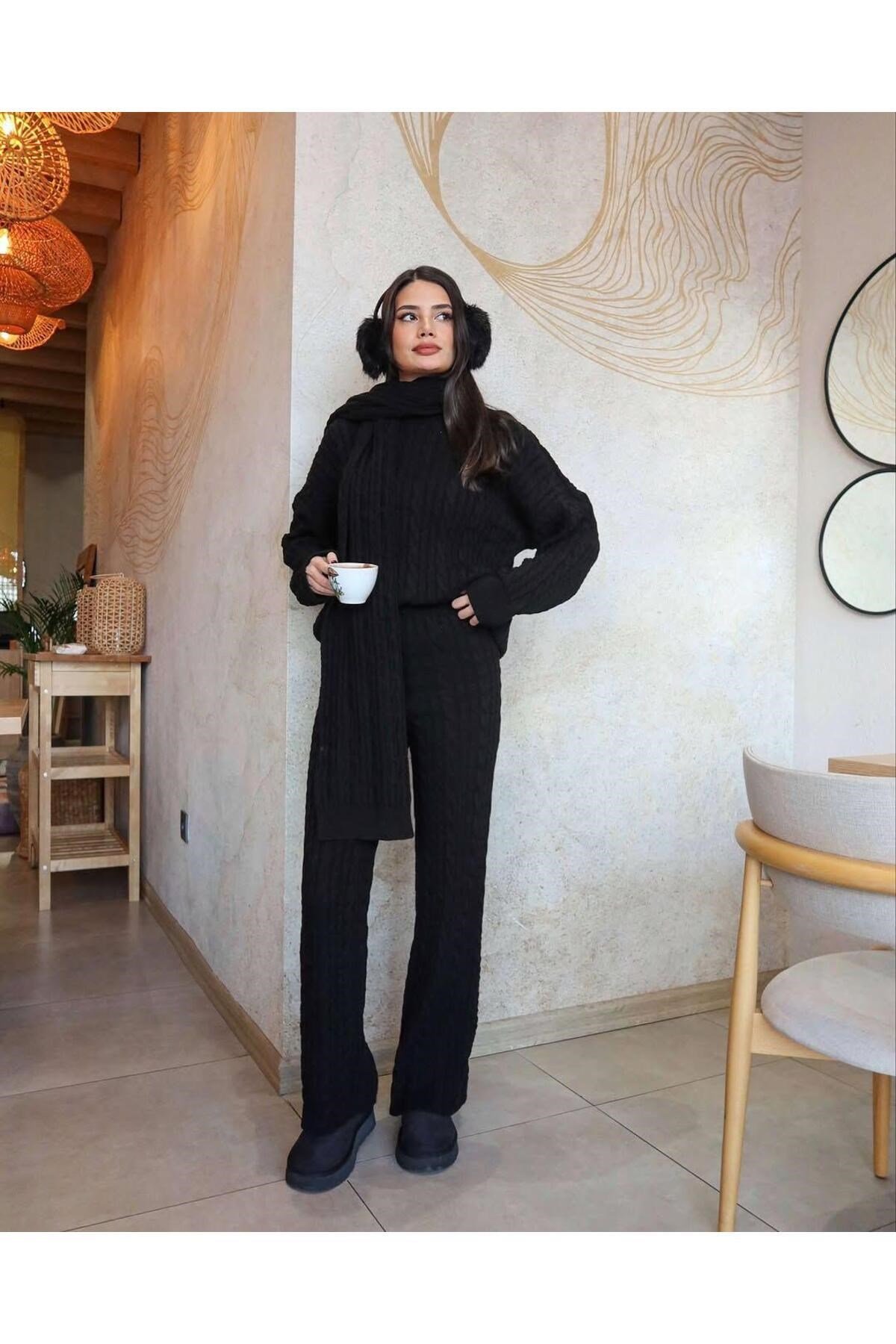 Kadın Triko Pantolon Takım Oversize Saç Örgülü