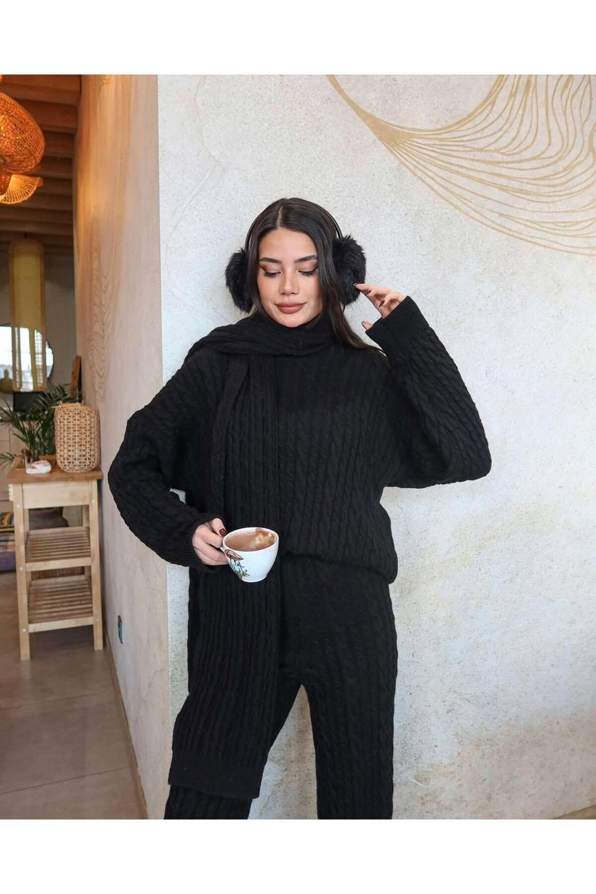 Kadın Triko Pantolon Takım Oversize Saç Örgülü