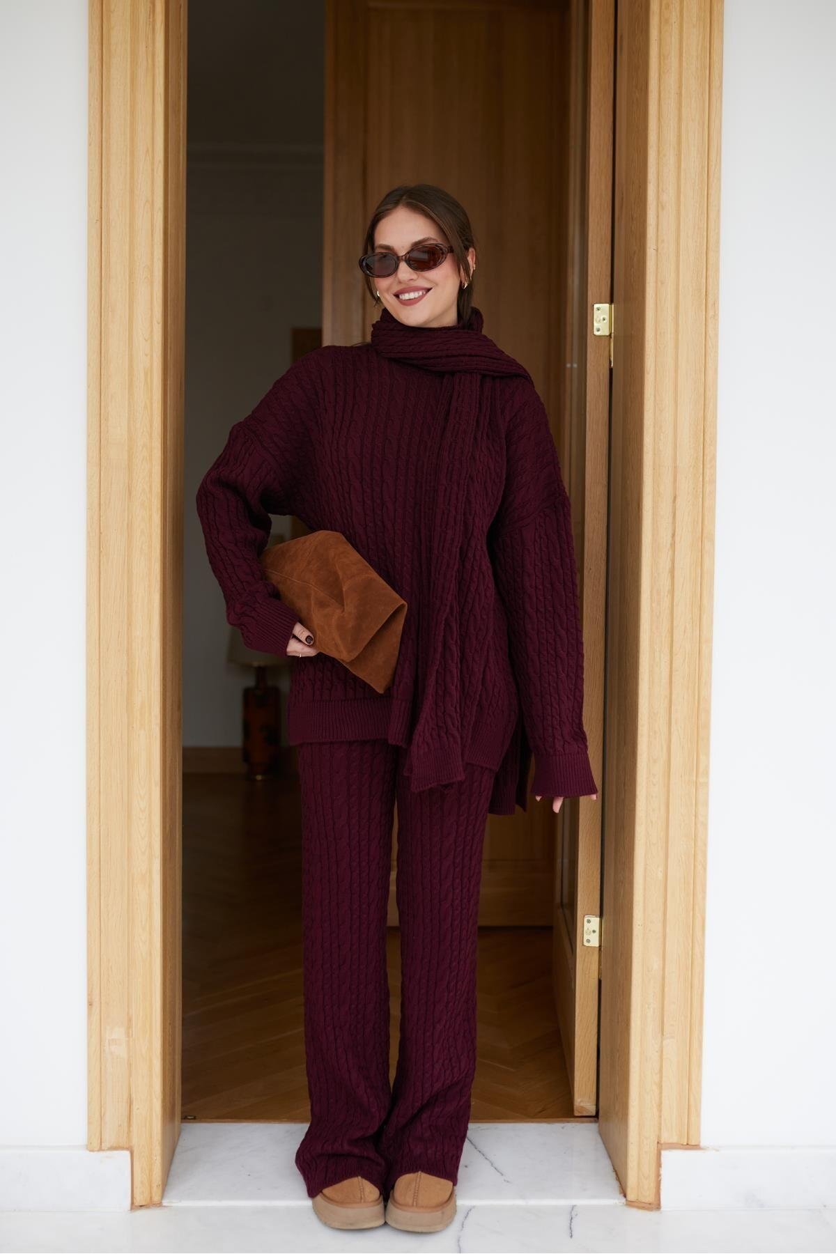 Kadın Triko Pantolon Takım Oversize Saç Örgülü