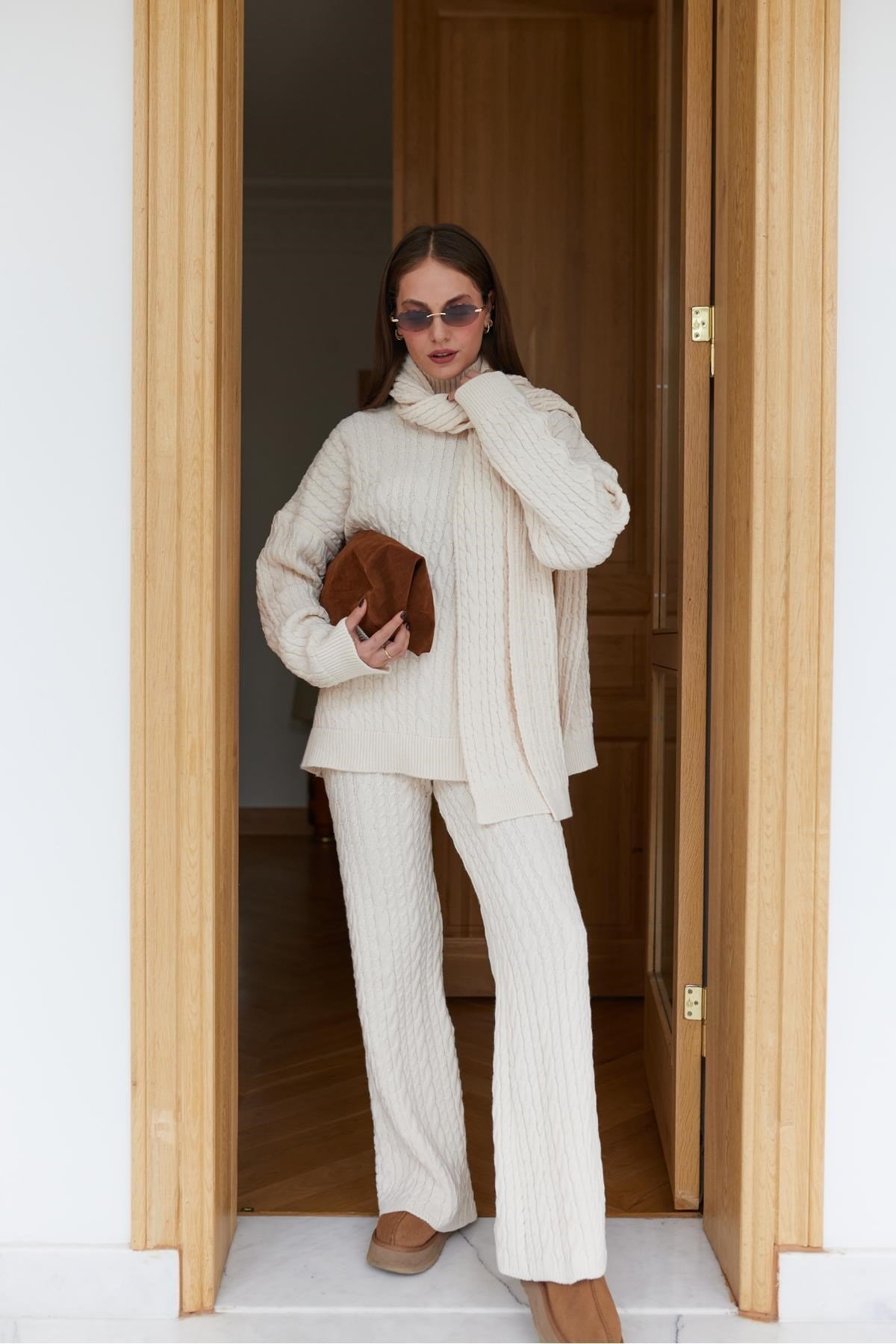 Kadın Triko Pantolon Takım Oversize Saç Örgülü