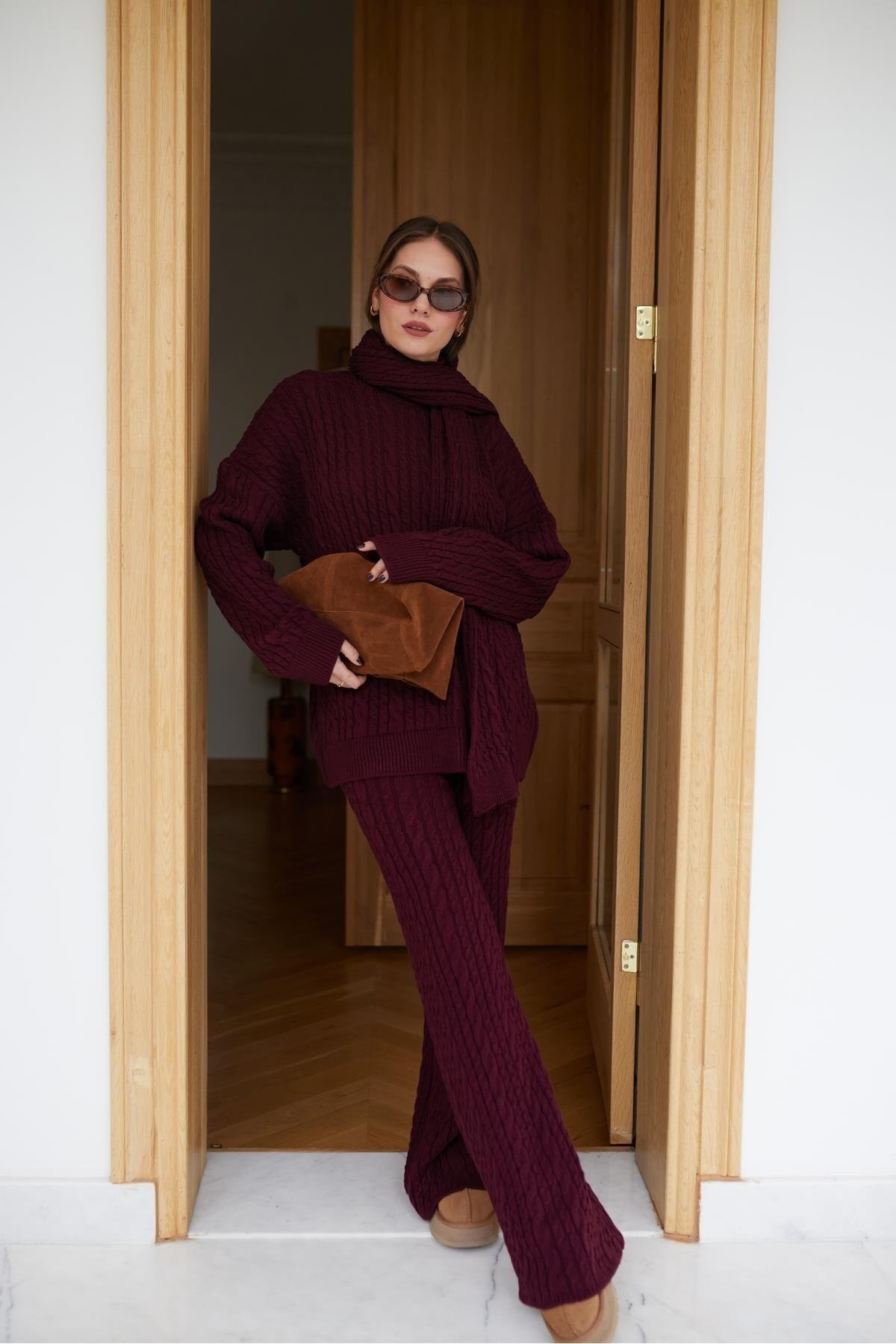 Kadın Triko Pantolon Takım Oversize Saç Örgülü