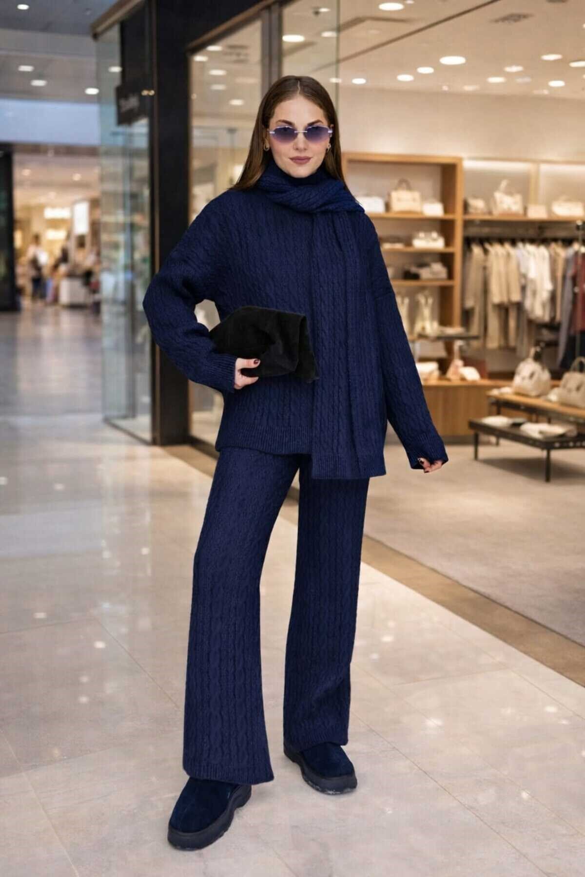Kadın Triko Pantolon Takım Oversize Saç Örgülü