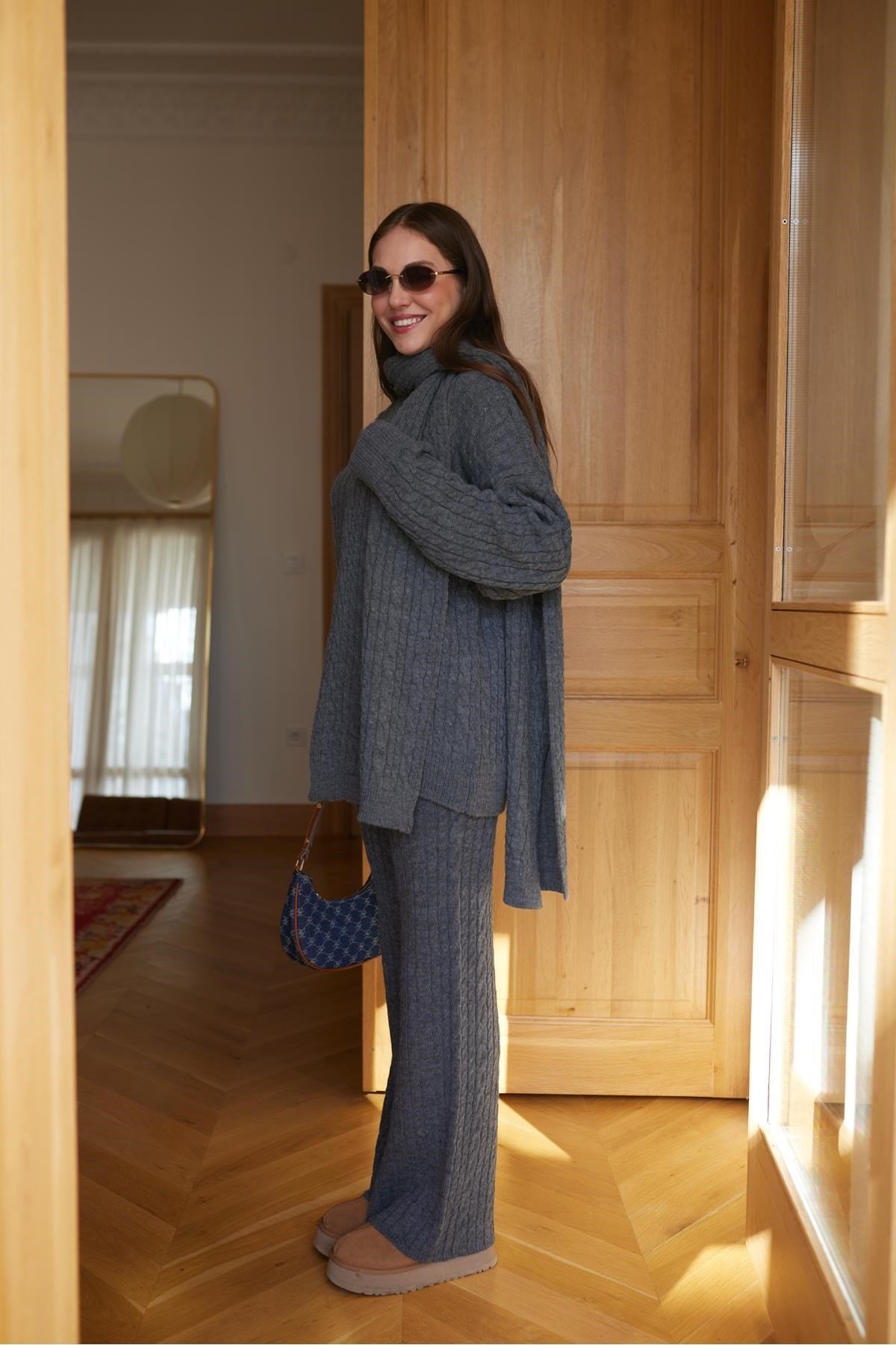 Kadın Triko Pantolon Takım Oversize Saç Örgülü