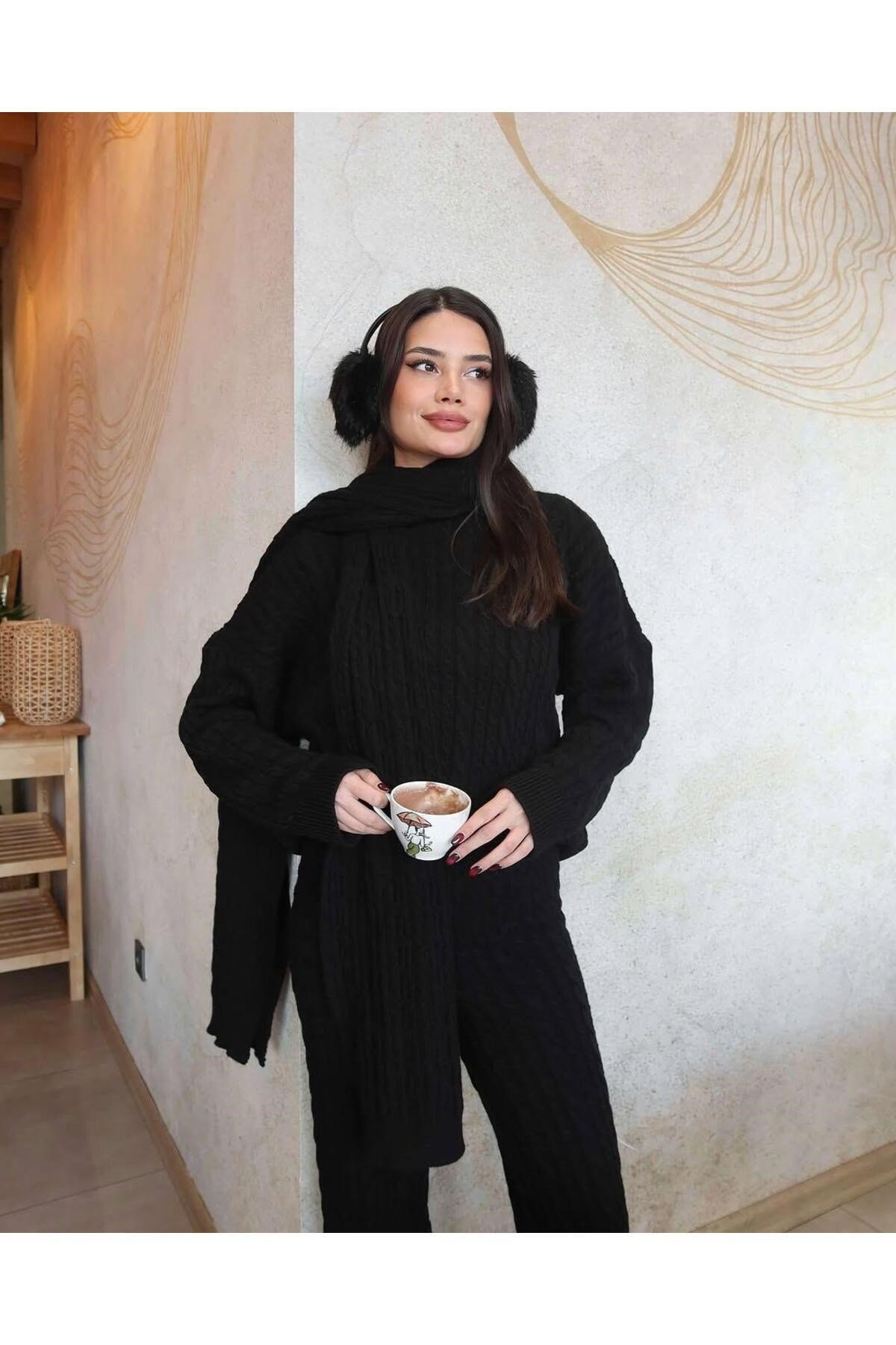 Kadın Triko Pantolon Takım Oversize Saç Örgülü