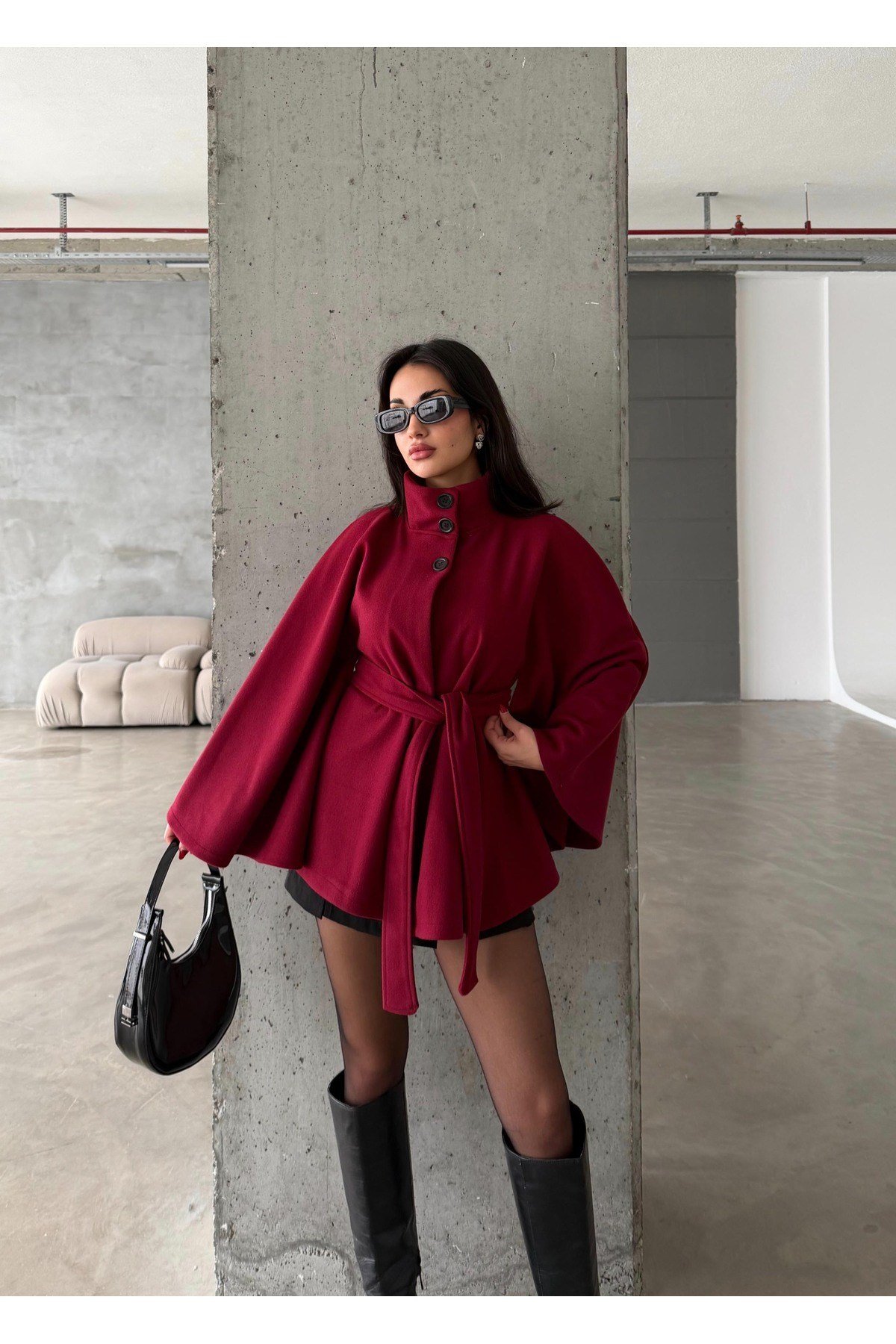 Kadın Viral Model Dik Yaka Kemer Detaylı İthal Kaşe Düğmeli Panço Ceket Kaban