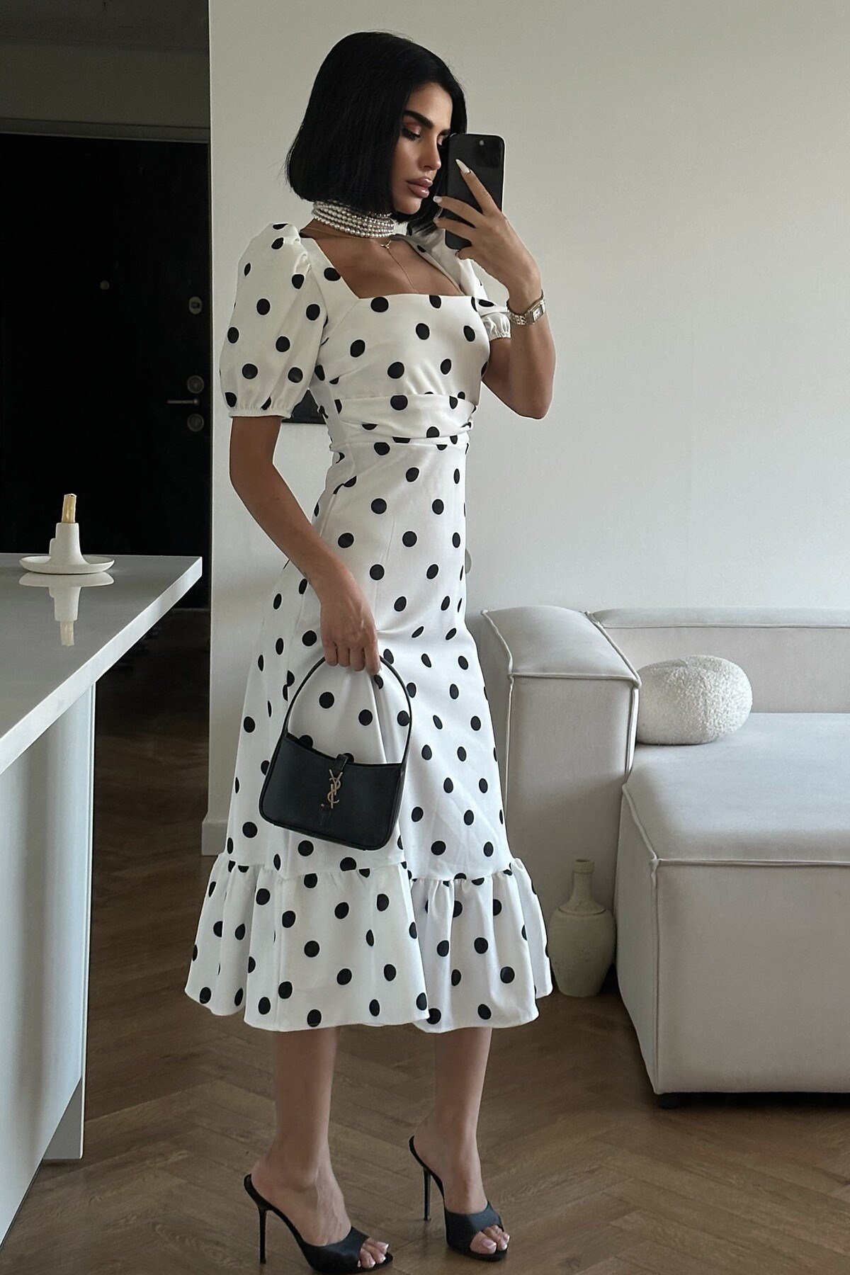 Kadın Zr Model Puantiyeli Balon Kol Elbise Beyaz