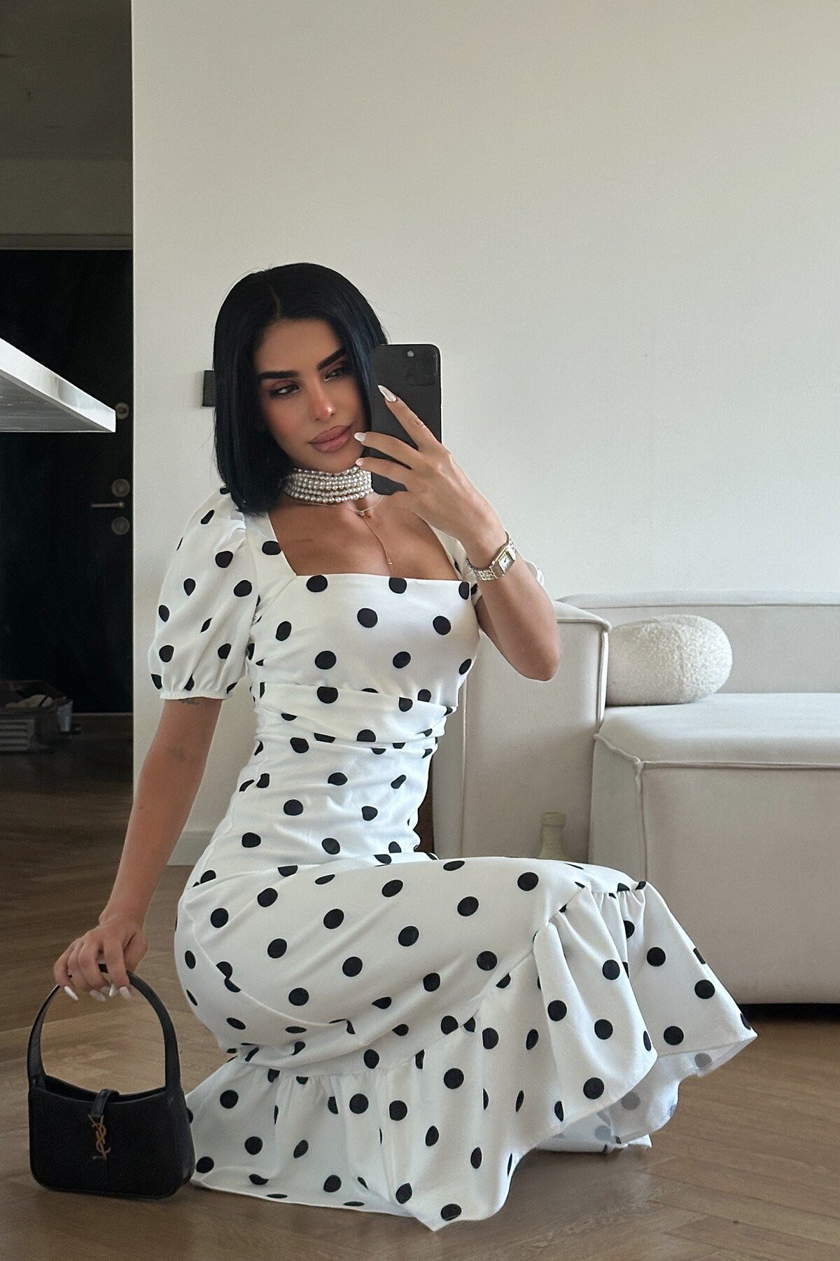 Kadın Zr Model Puantiyeli Balon Kol Elbise Beyaz