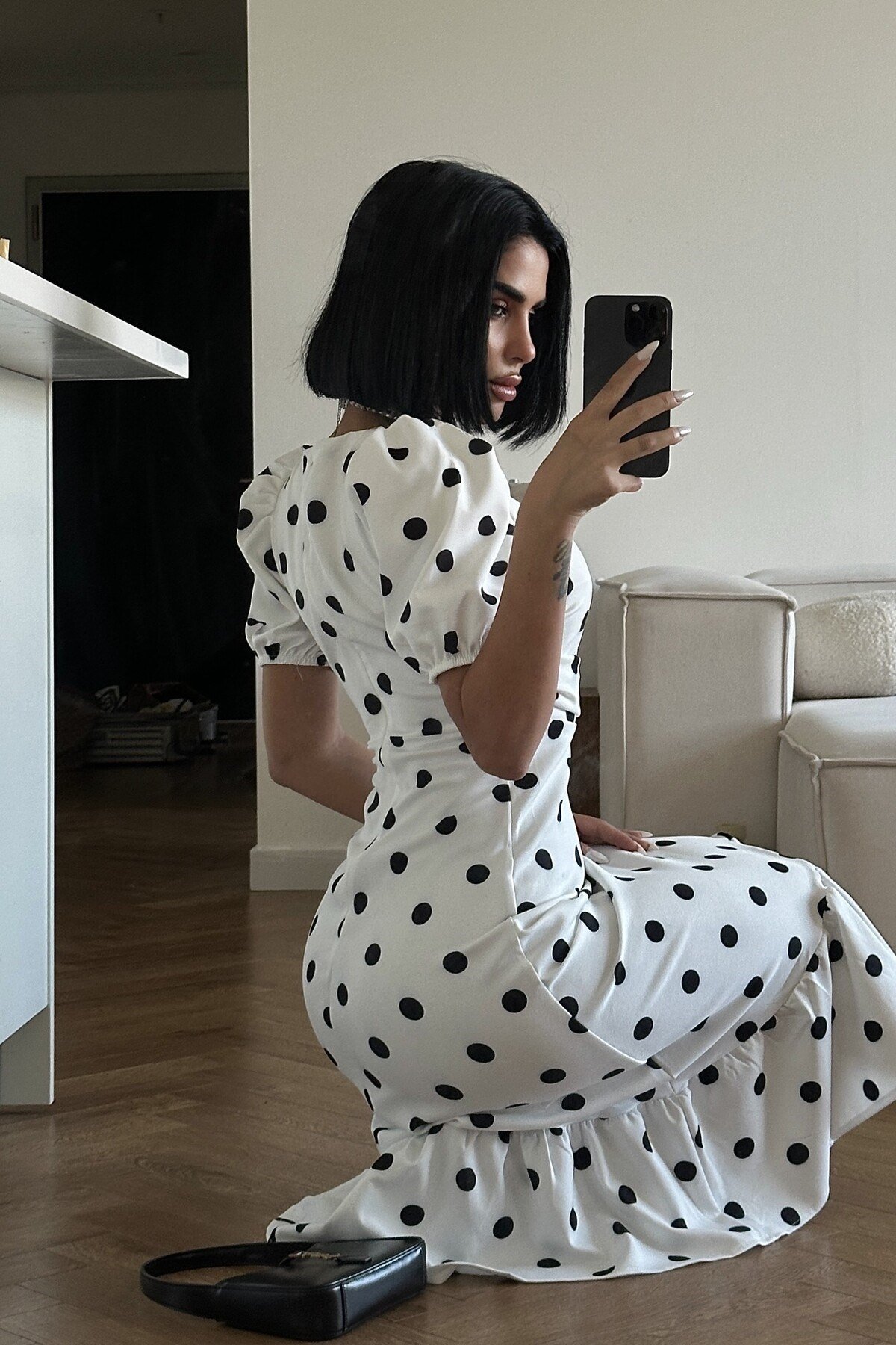 Kadın Zr Model Puantiyeli Balon Kol Elbise Beyaz