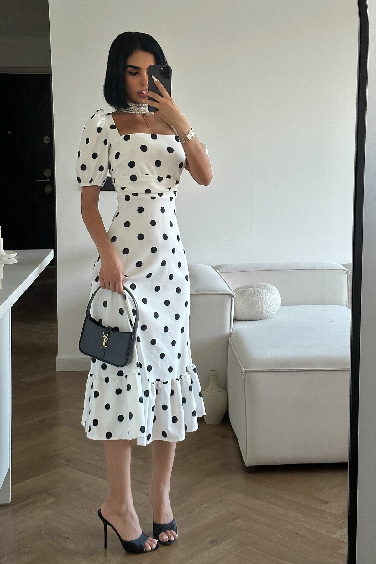 Kadın Zr Model Puantiyeli Balon Kol Elbise Beyaz