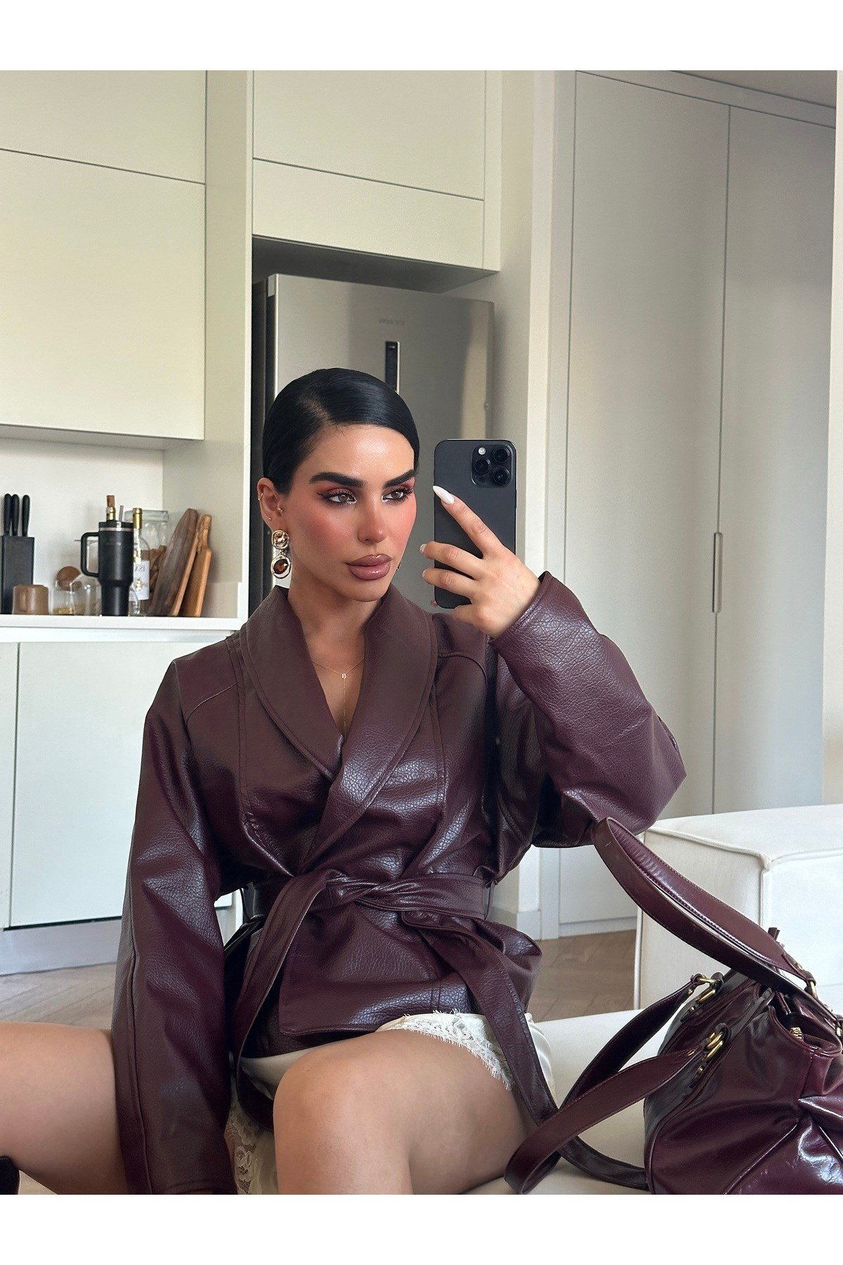 Kadın Zr Model Şal Yaka Bağlamalı Deri Ceket