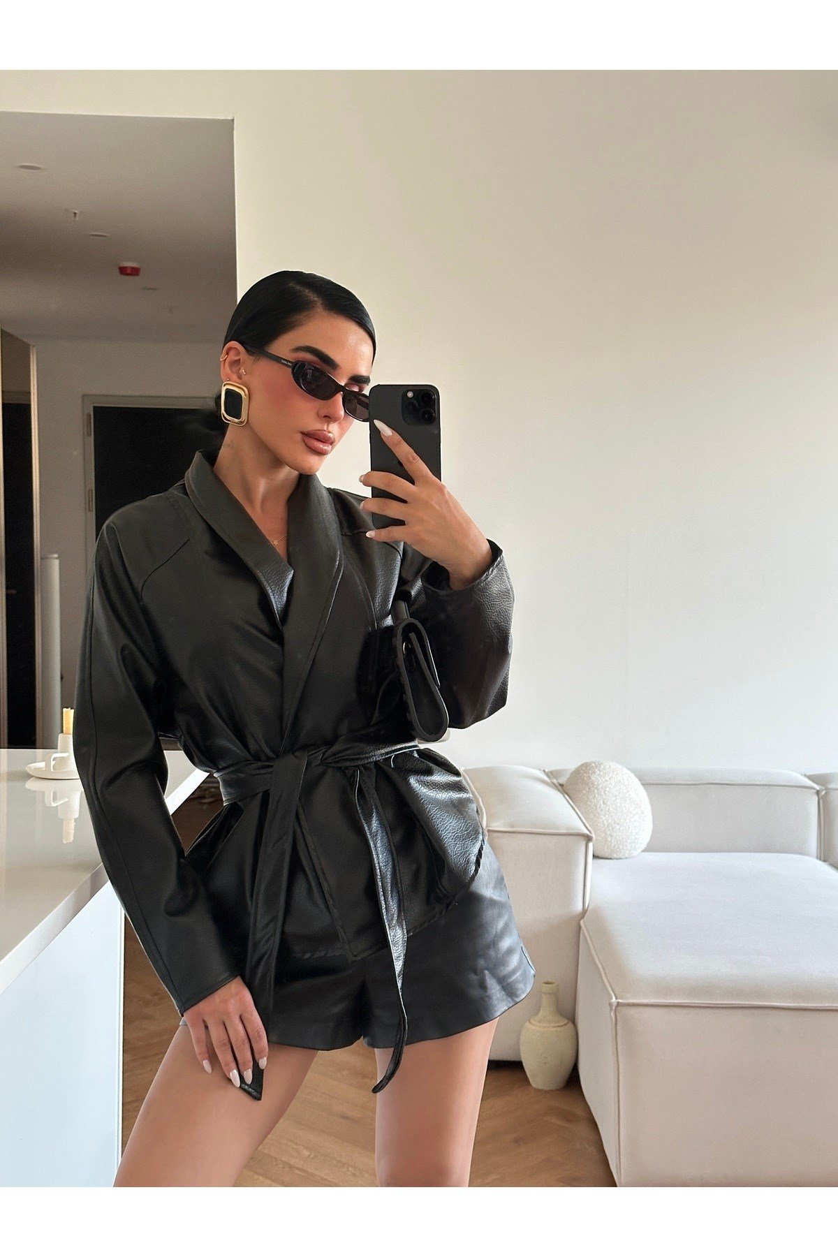 Kadın Zr Model Şal Yaka Bağlamalı Deri Ceket