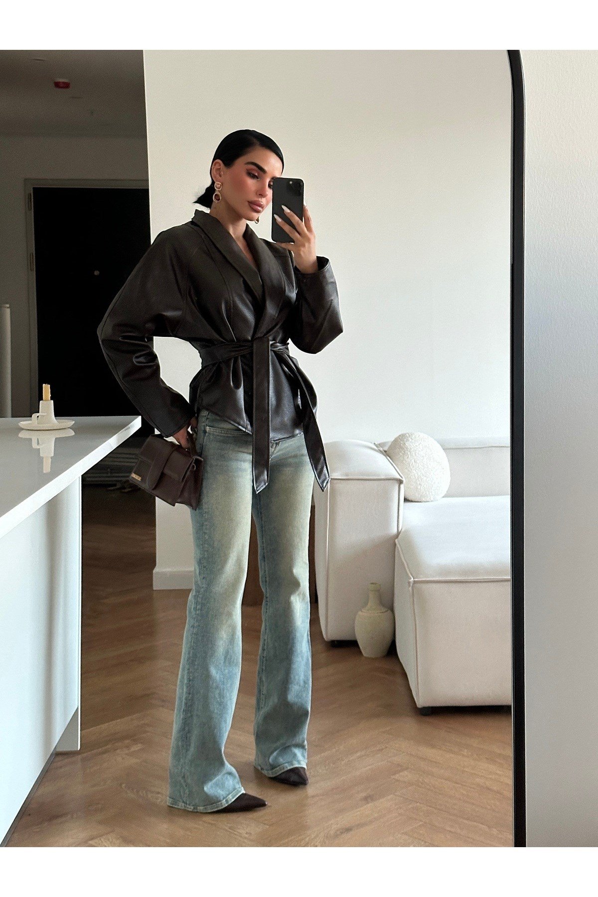 Kadın Zr Model Şal Yaka Bağlamalı Deri Ceket
