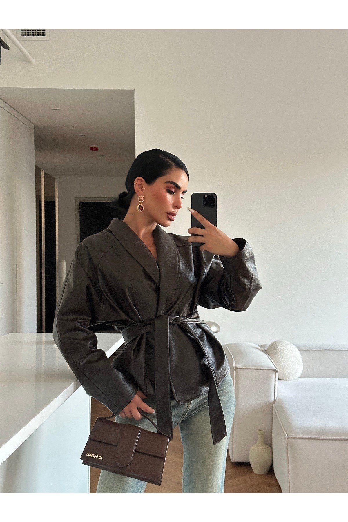 Kadın Zr Model Şal Yaka Bağlamalı Deri Ceket