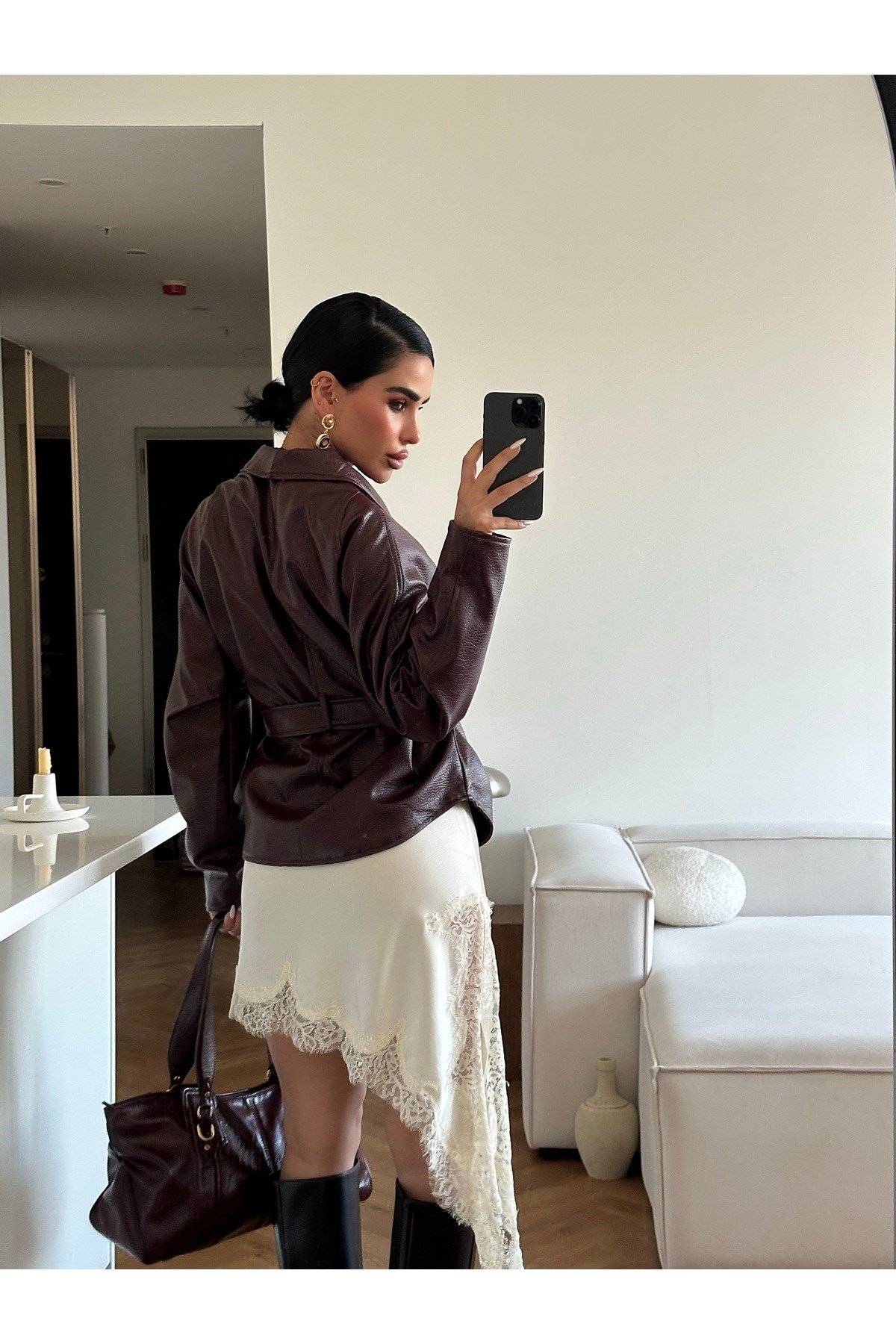 Kadın Zr Model Şal Yaka Bağlamalı Deri Ceket