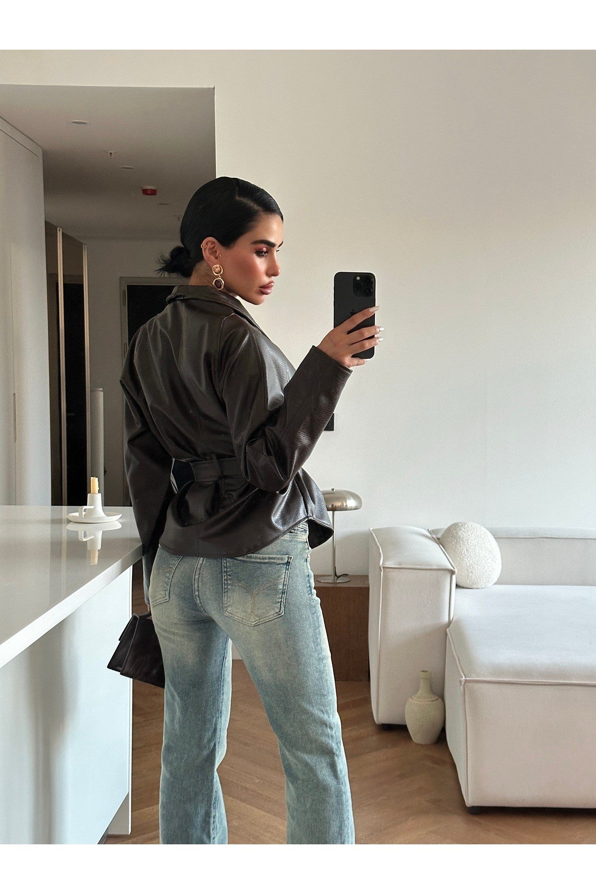 Kadın Zr Model Şal Yaka Bağlamalı Deri Ceket