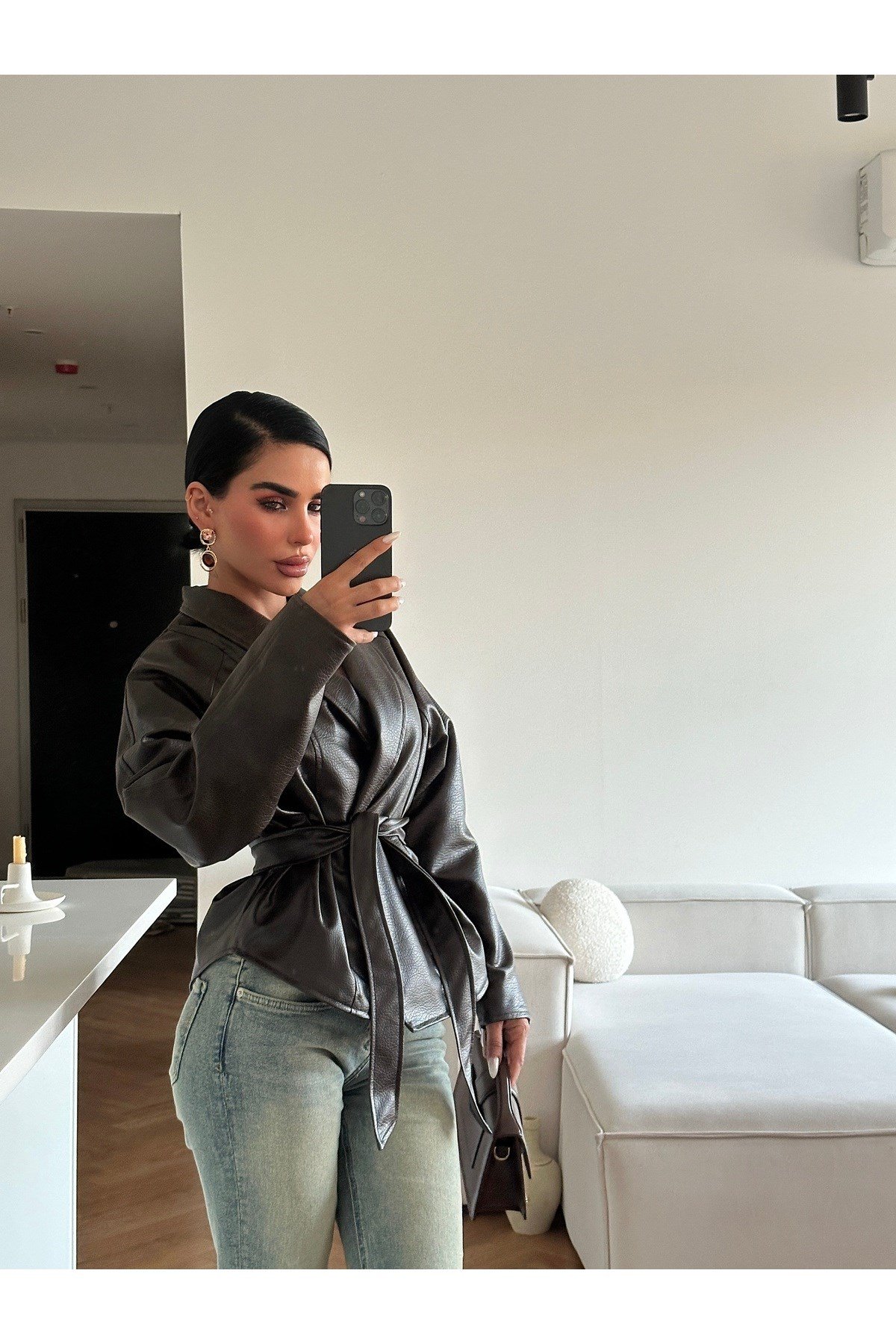 Kadın Zr Model Şal Yaka Bağlamalı Deri Ceket