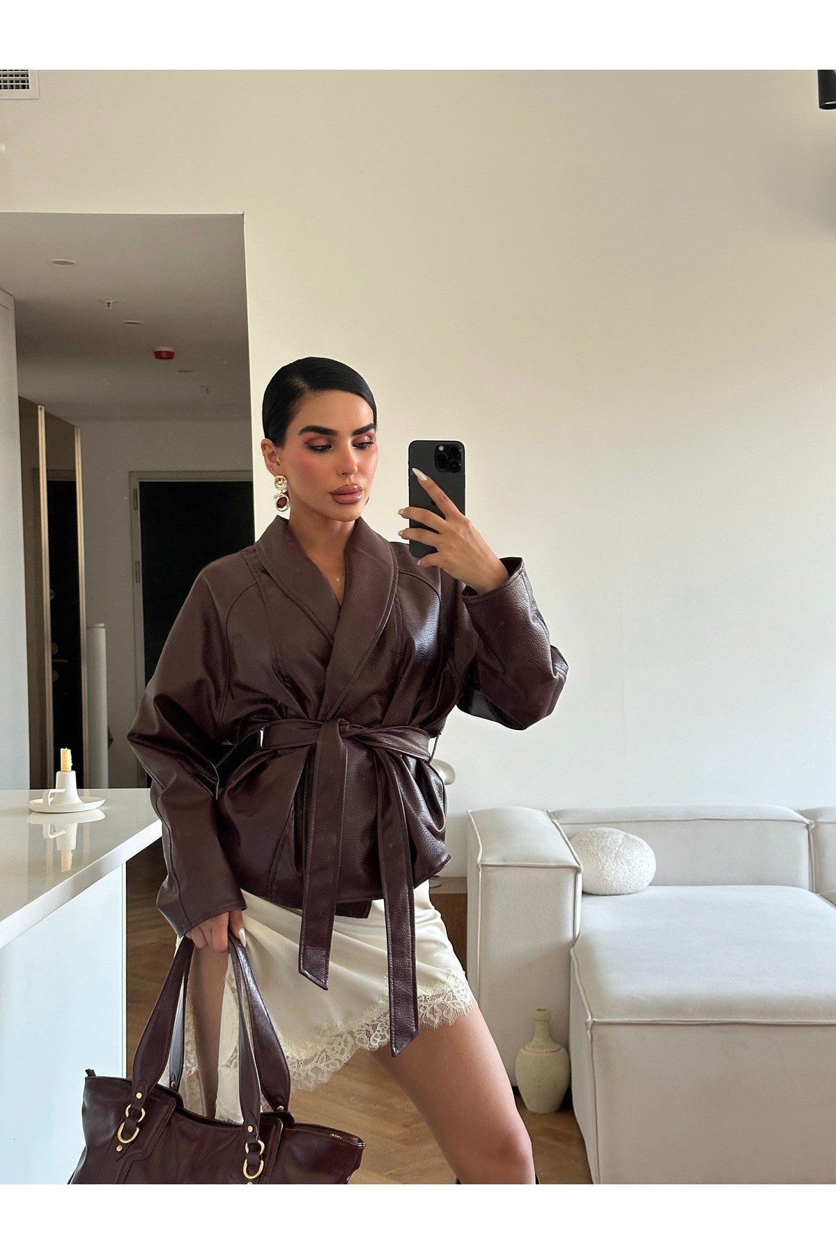 Kadın Zr Model Şal Yaka Bağlamalı Deri Ceket