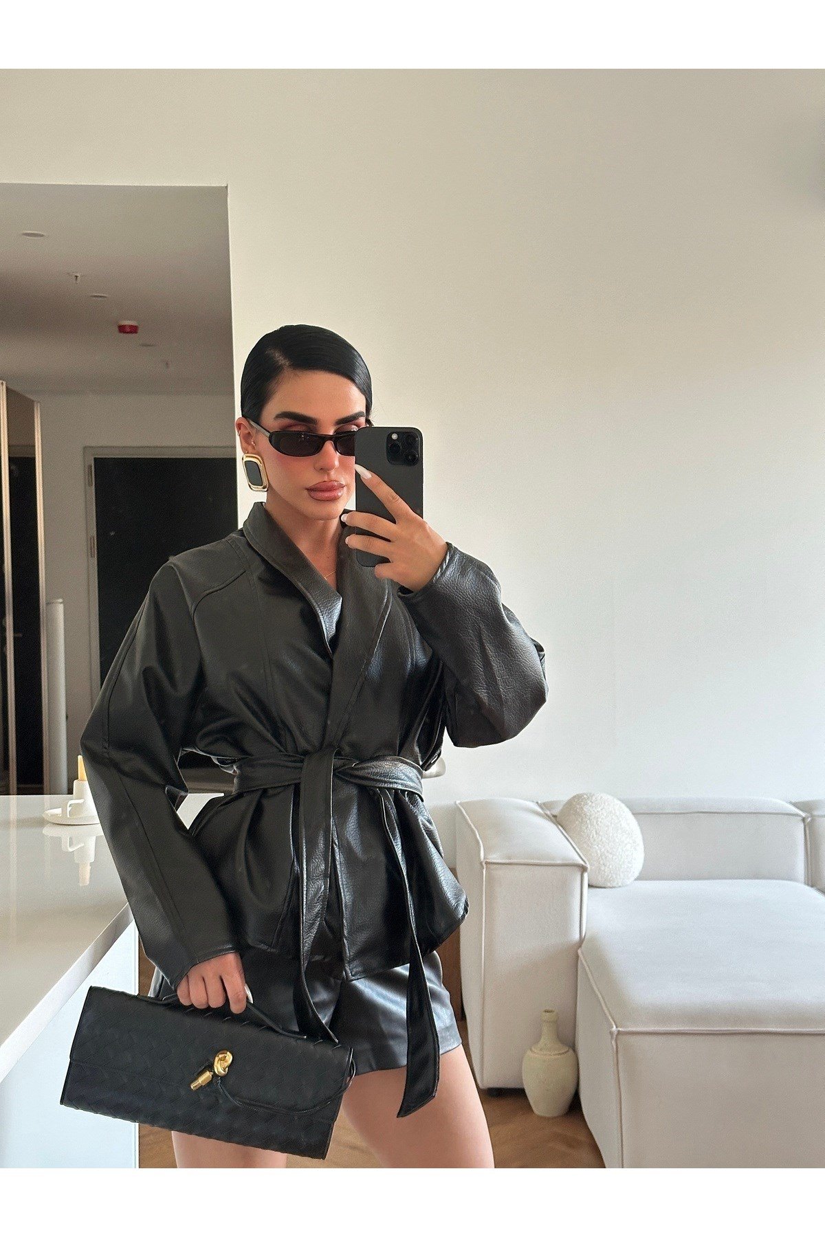Kadın Zr Model Şal Yaka Bağlamalı Deri Ceket