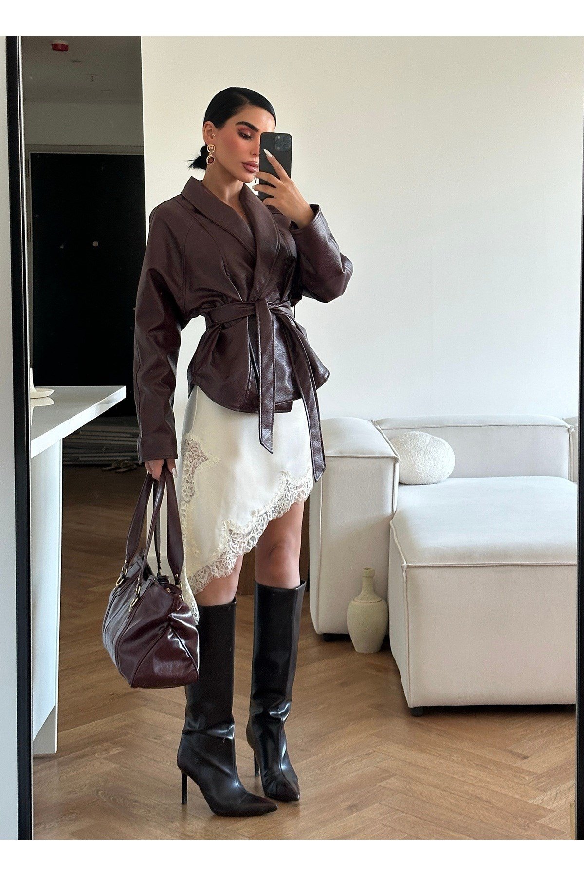 Kadın Zr Model Şal Yaka Bağlamalı Deri Ceket