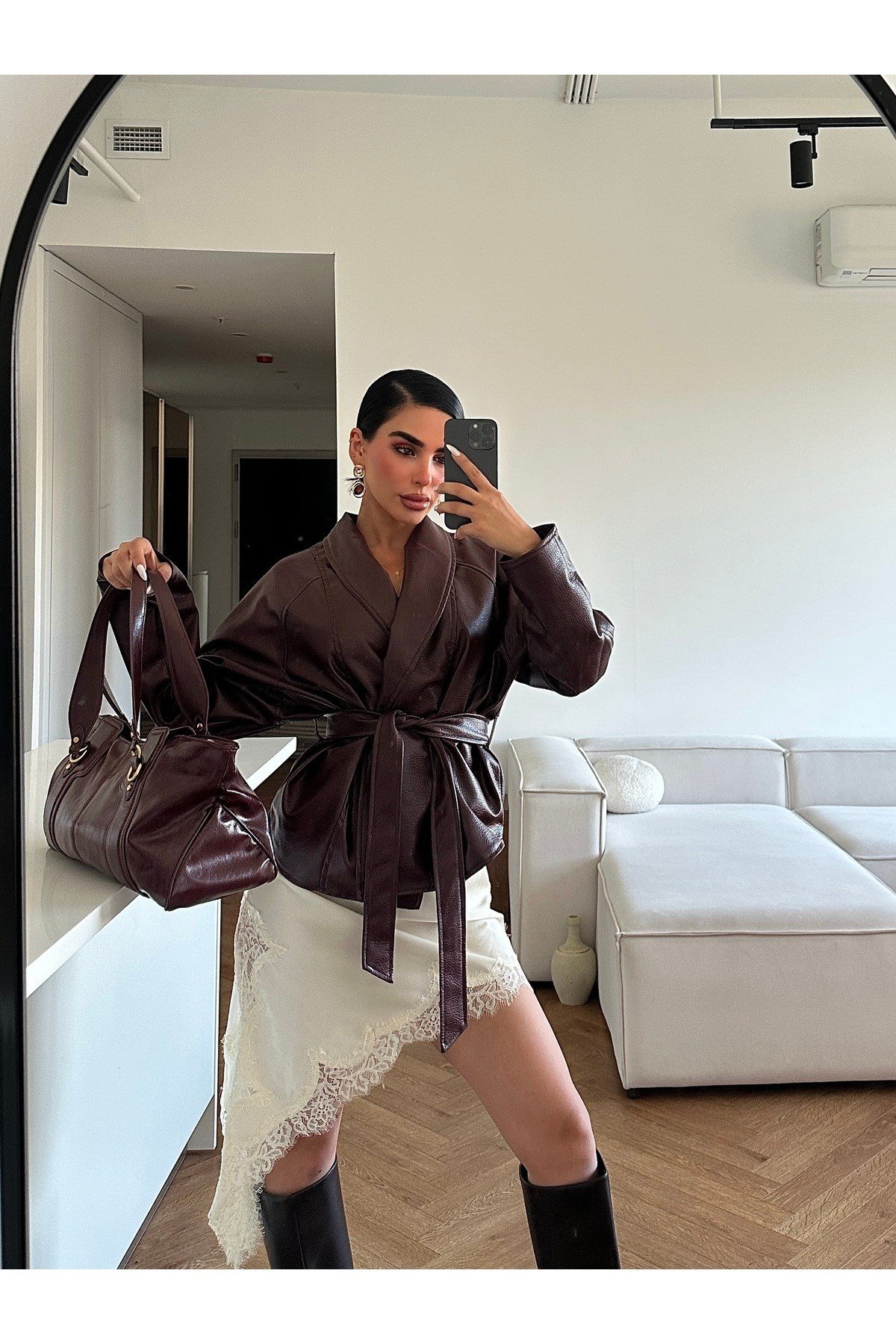 Kadın Zr Model Şal Yaka Bağlamalı Deri Ceket