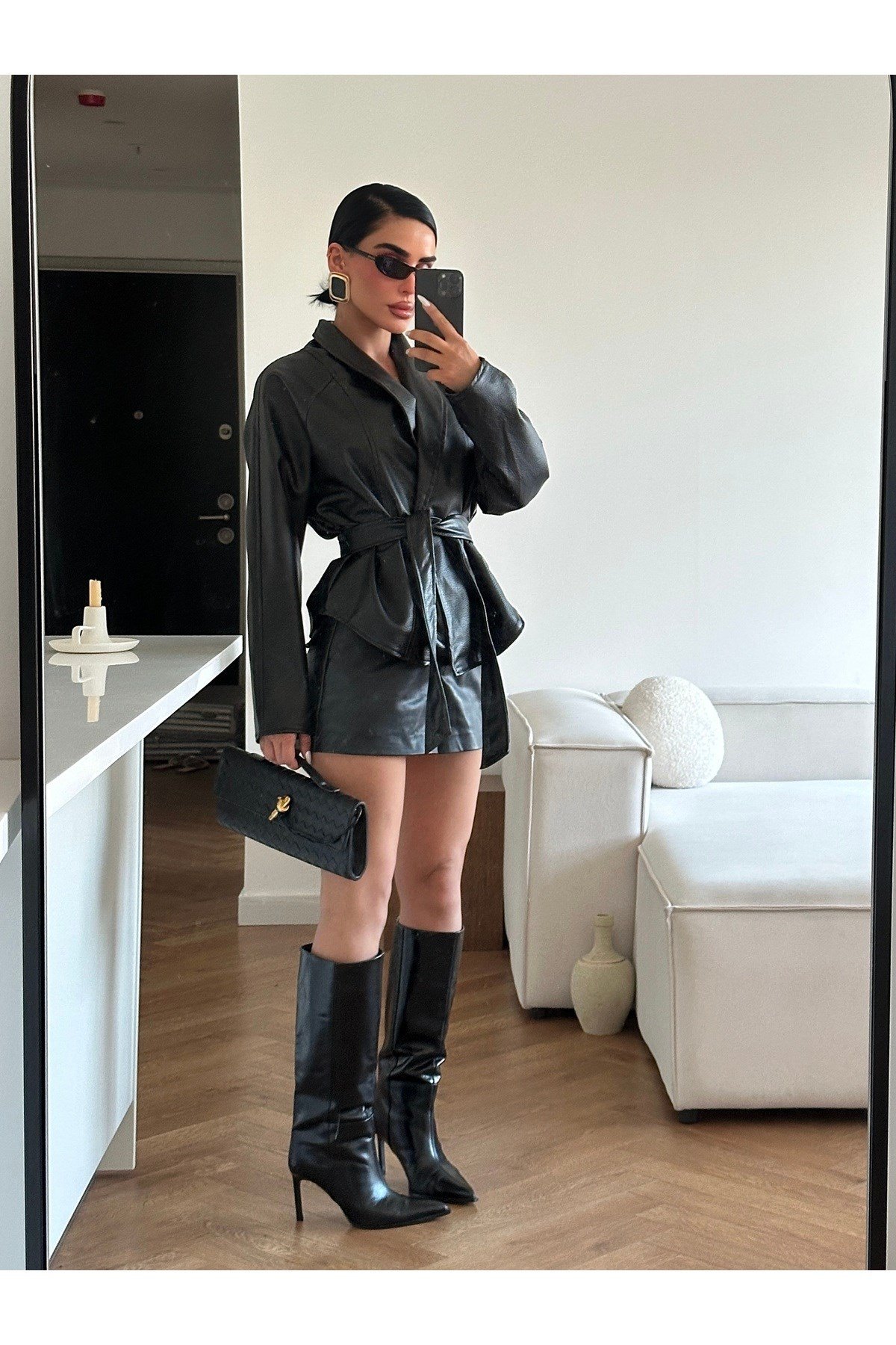Kadın Zr Model Şal Yaka Bağlamalı Deri Ceket