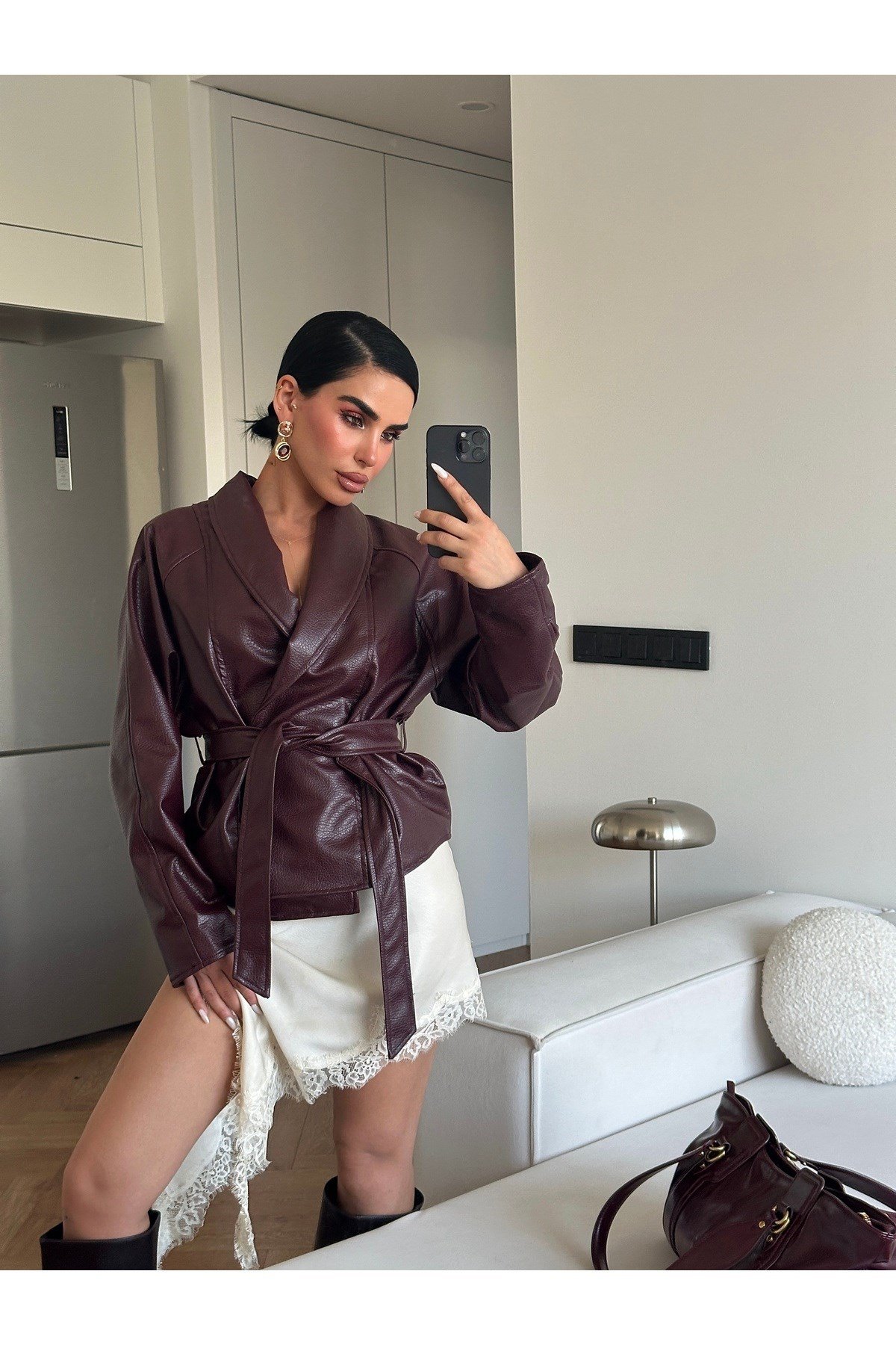 Kadın Zr Model Şal Yaka Bağlamalı Deri Ceket