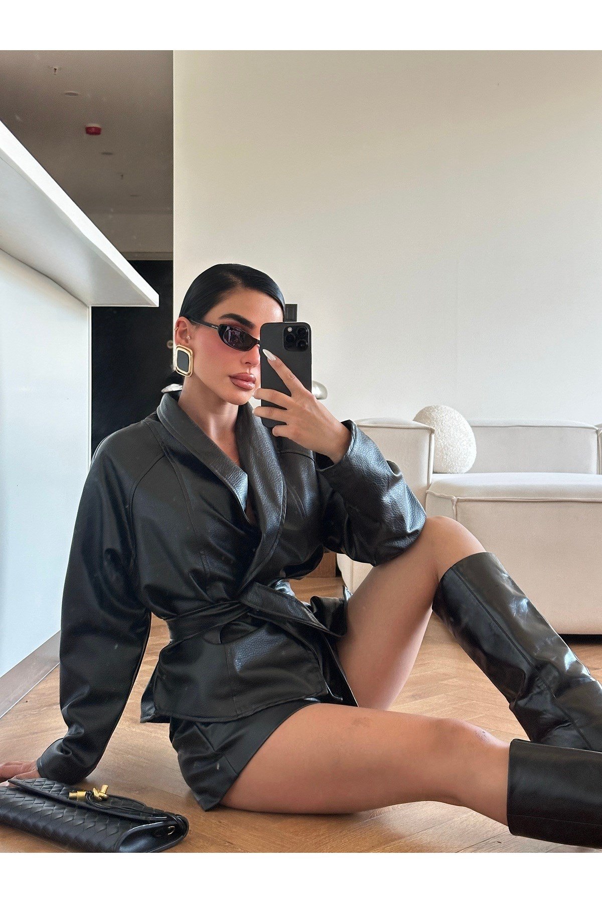Kadın Zr Model Şal Yaka Bağlamalı Deri Ceket
