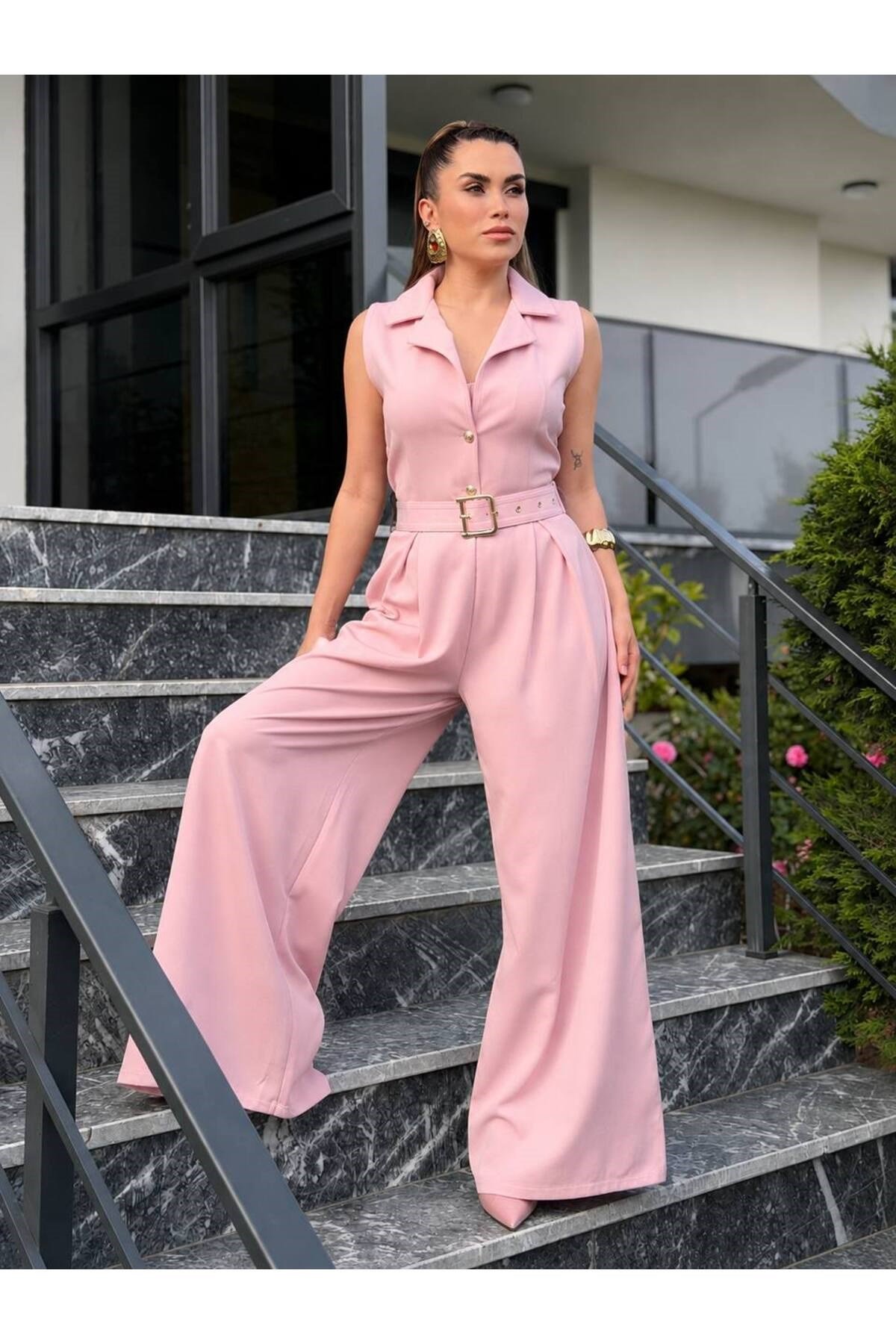 Kadın Zra Model Sıfır Kol Düğmeli Kemerli Tulum