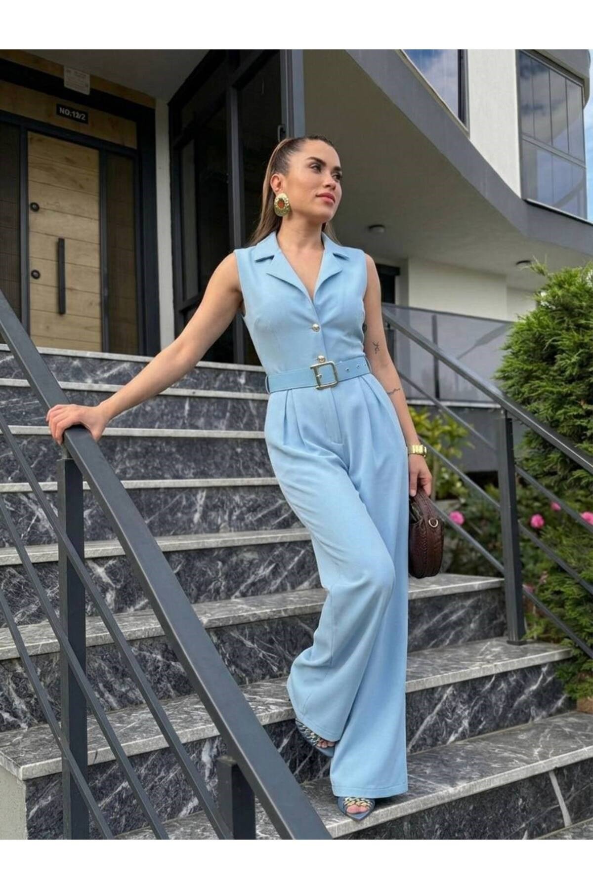 Kadın Zra Model Sıfır Kol Düğmeli Kemerli Tulum