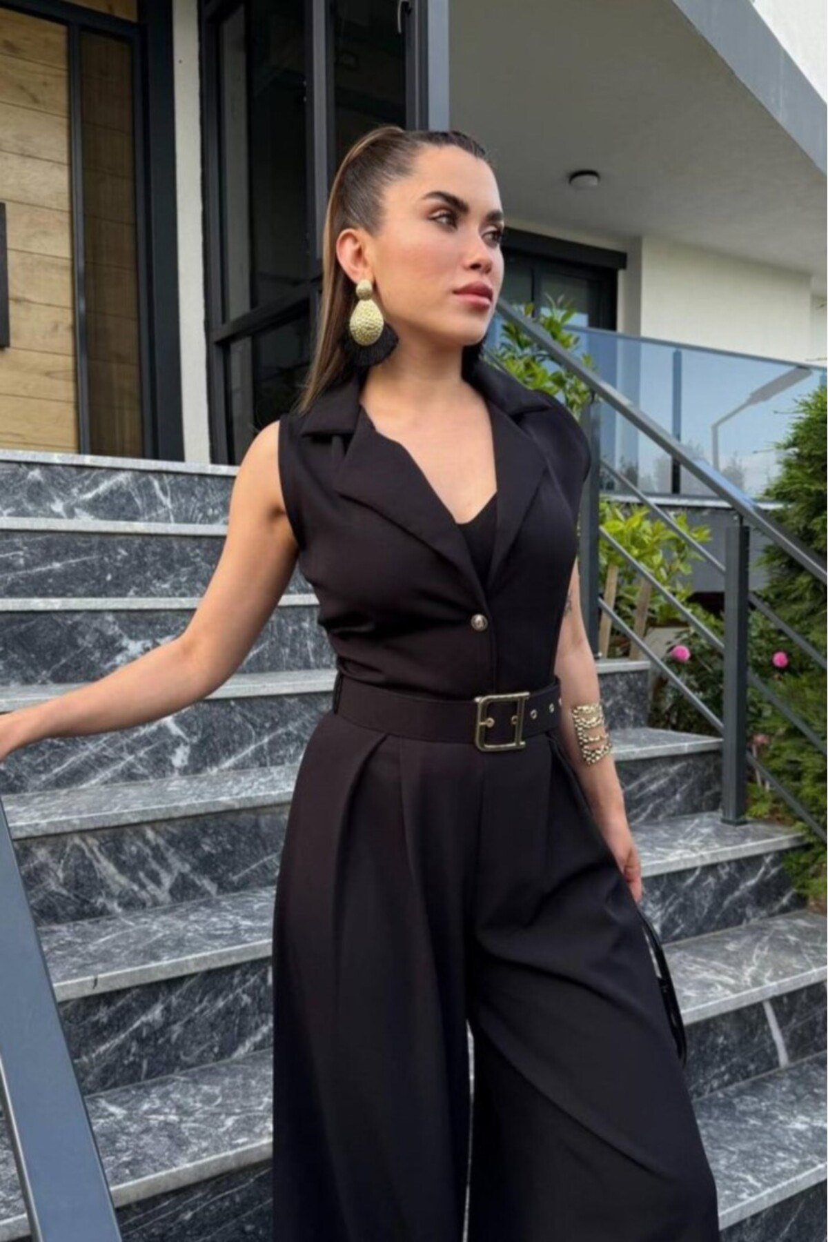 Kadın Zra Model Sıfır Kol Düğmeli Kemerli Tulum