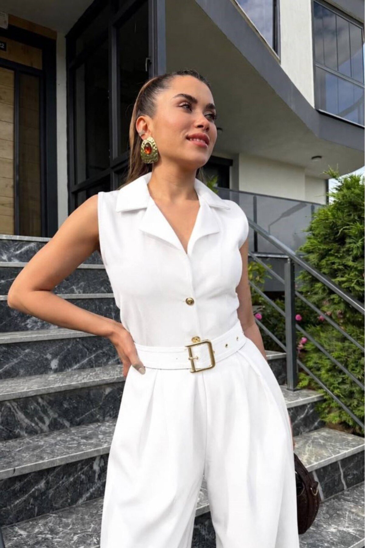 Kadın Zra Model Sıfır Kol Düğmeli Kemerli Tulum