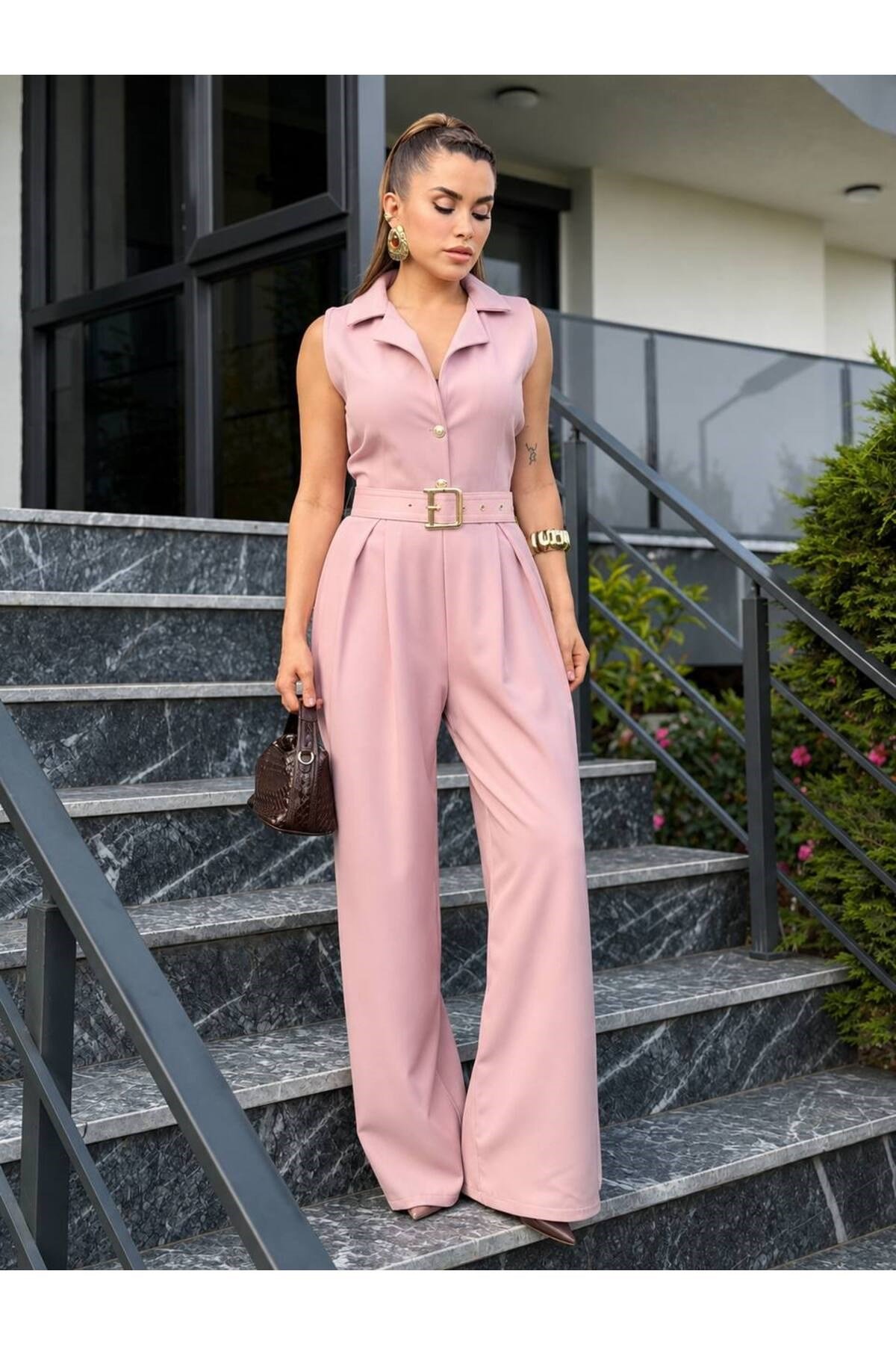 Kadın Zra Model Sıfır Kol Düğmeli Kemerli Tulum
