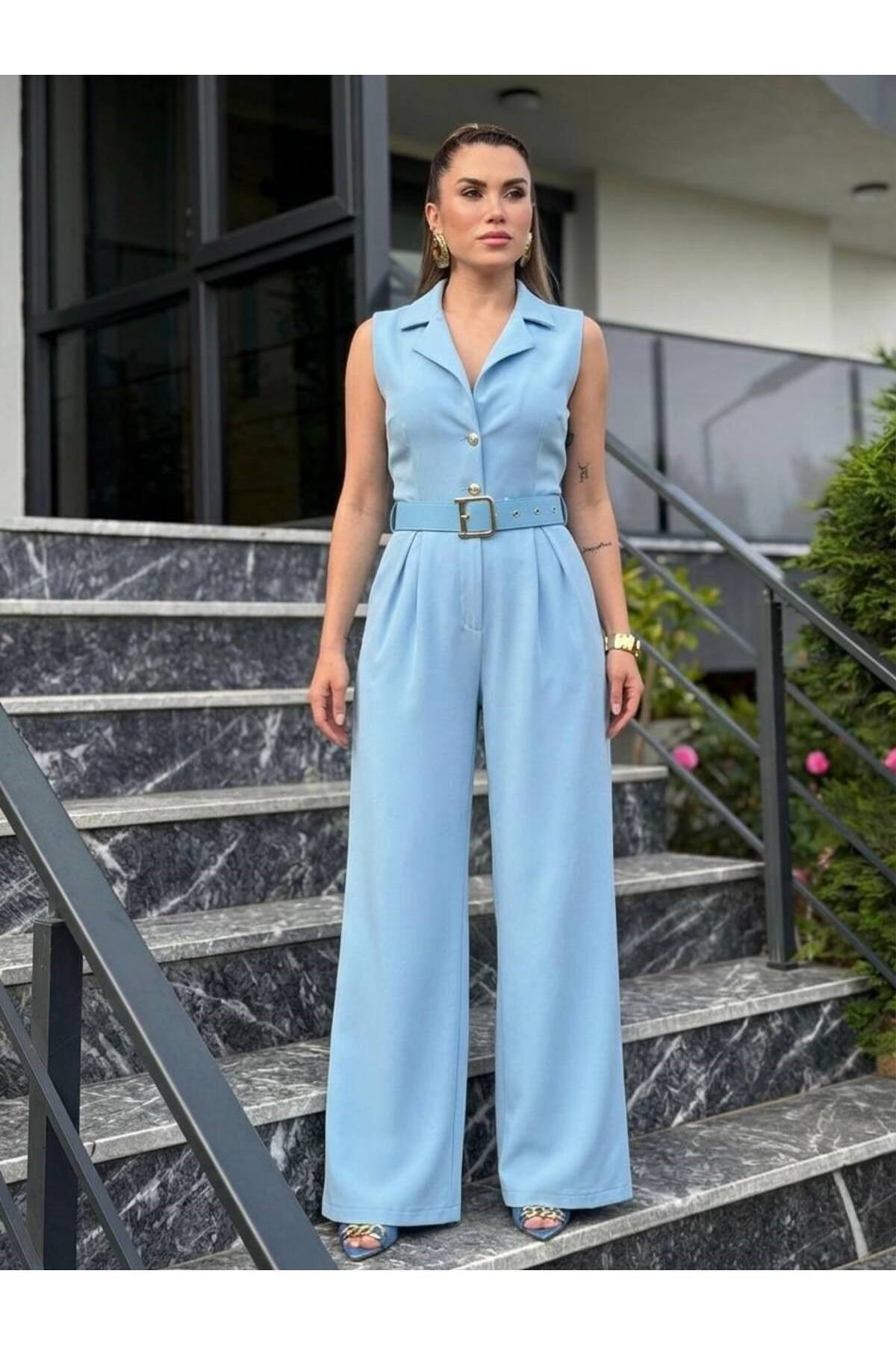 Kadın Zra Model Sıfır Kol Düğmeli Kemerli Tulum