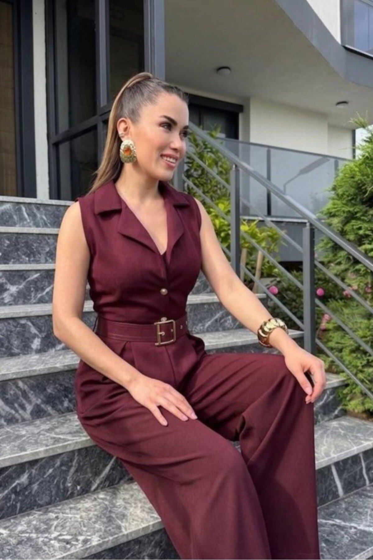 Kadın Zra Model Sıfır Kol Düğmeli Kemerli Tulum