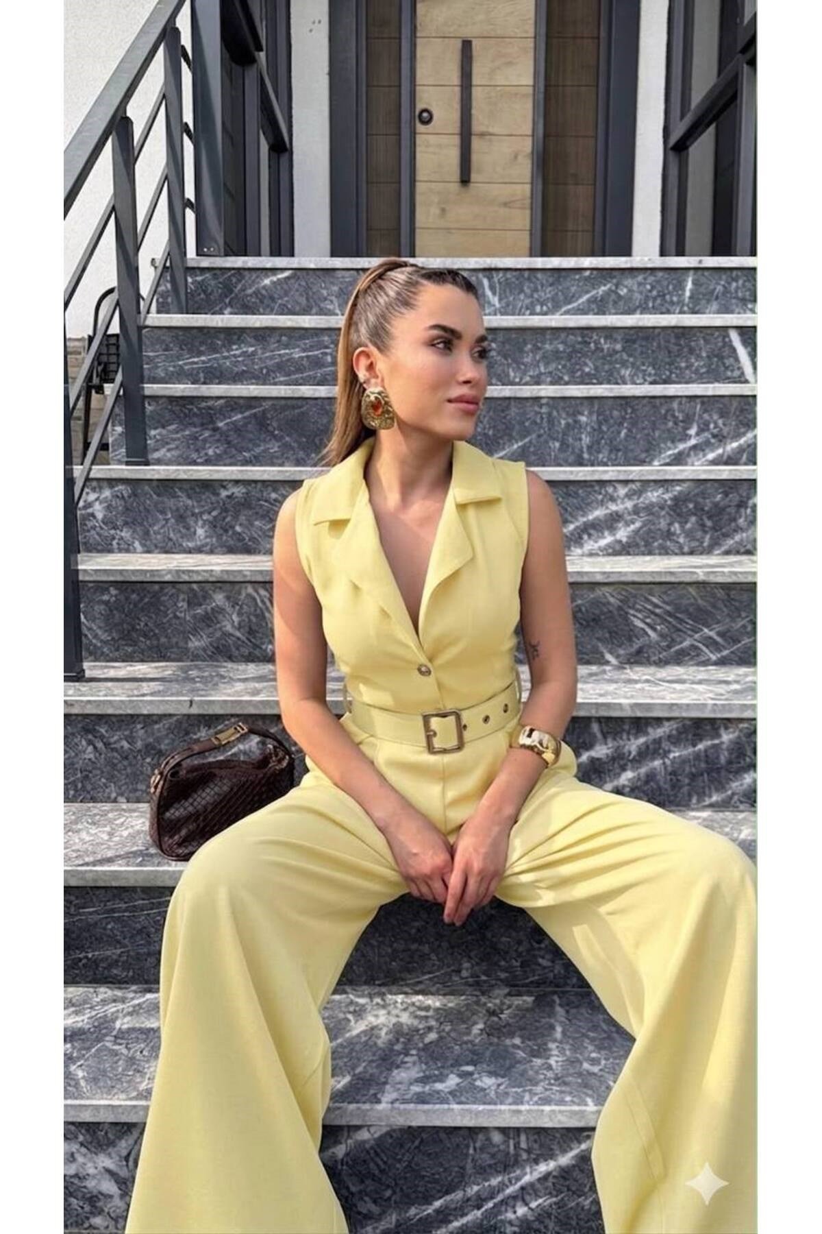 Kadın Zra Model Sıfır Kol Düğmeli Kemerli Tulum