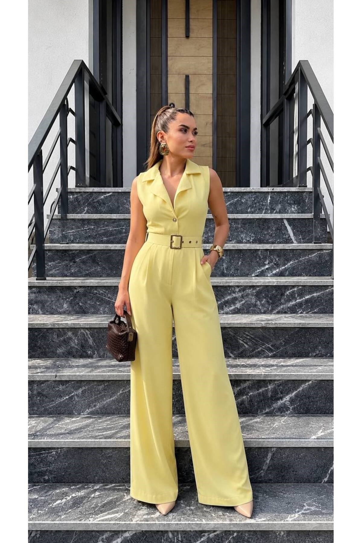 Kadın Zra Model Sıfır Kol Düğmeli Kemerli Tulum
