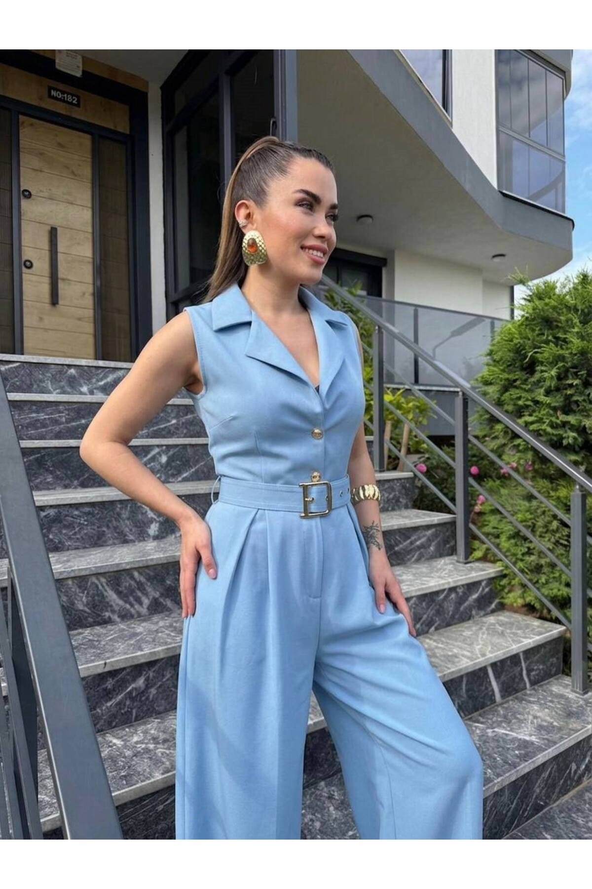 Kadın Zra Model Sıfır Kol Düğmeli Kemerli Tulum