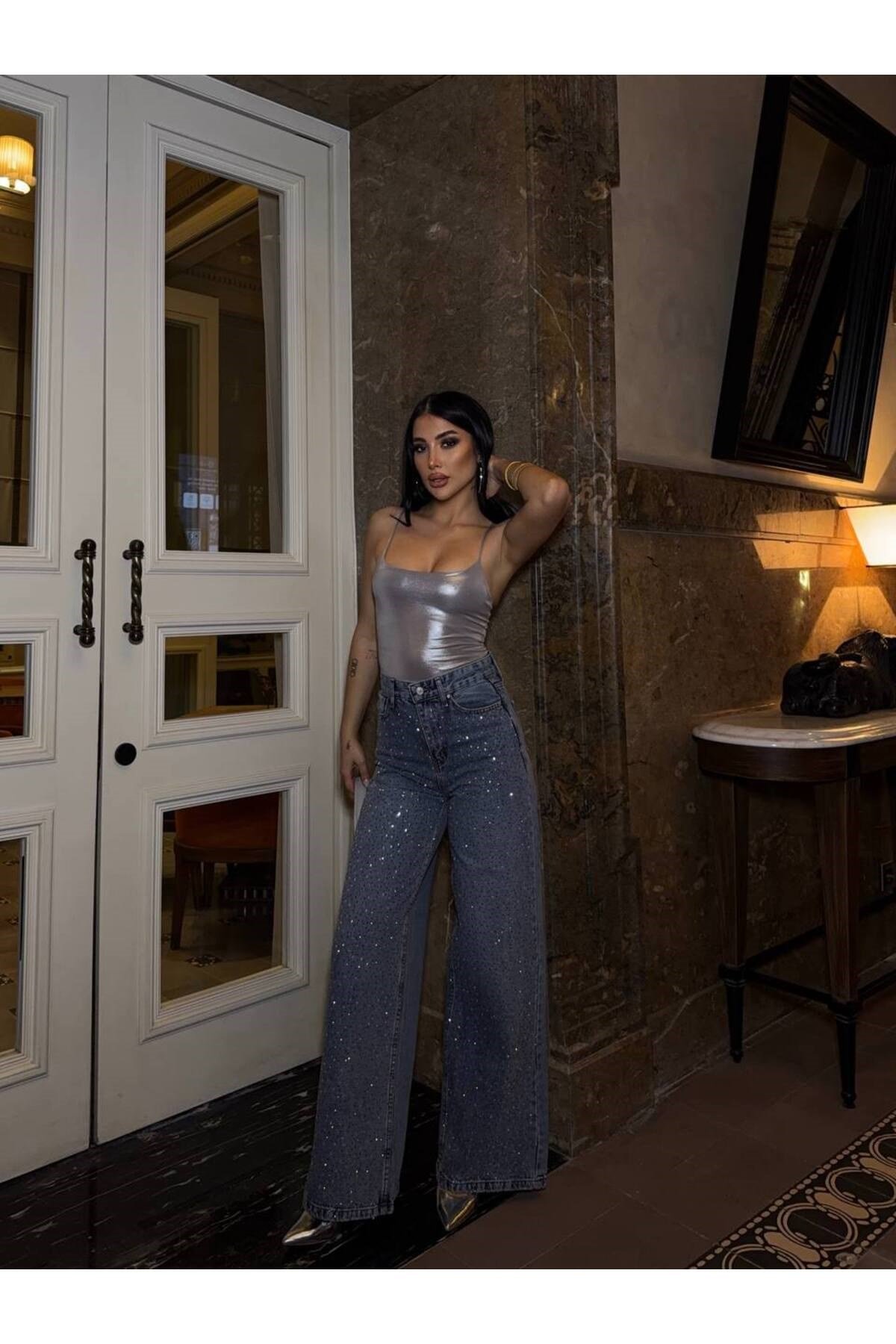 KadınYeni Sezon Kristal Taşlı Wide Leg Jeans