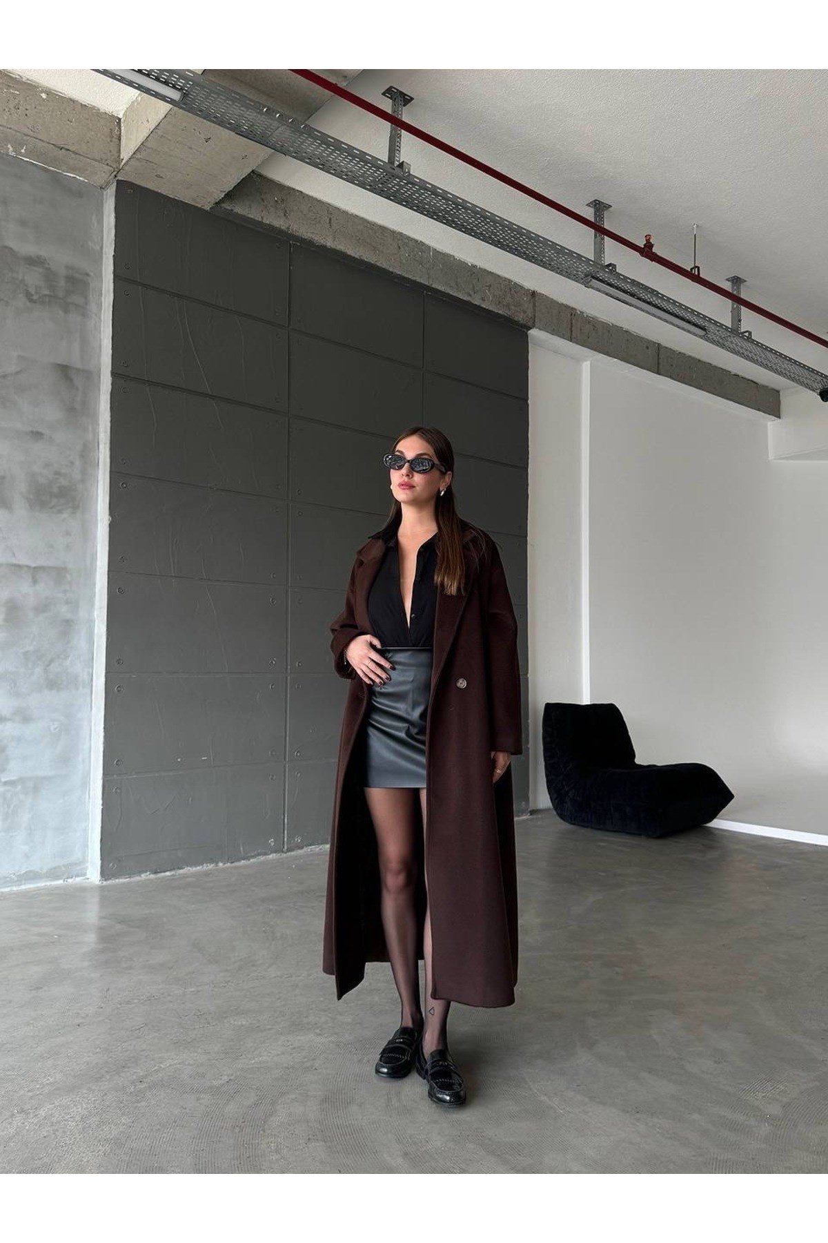 Kahverengi Yün Alaşım Kaşe Oversize Kaban