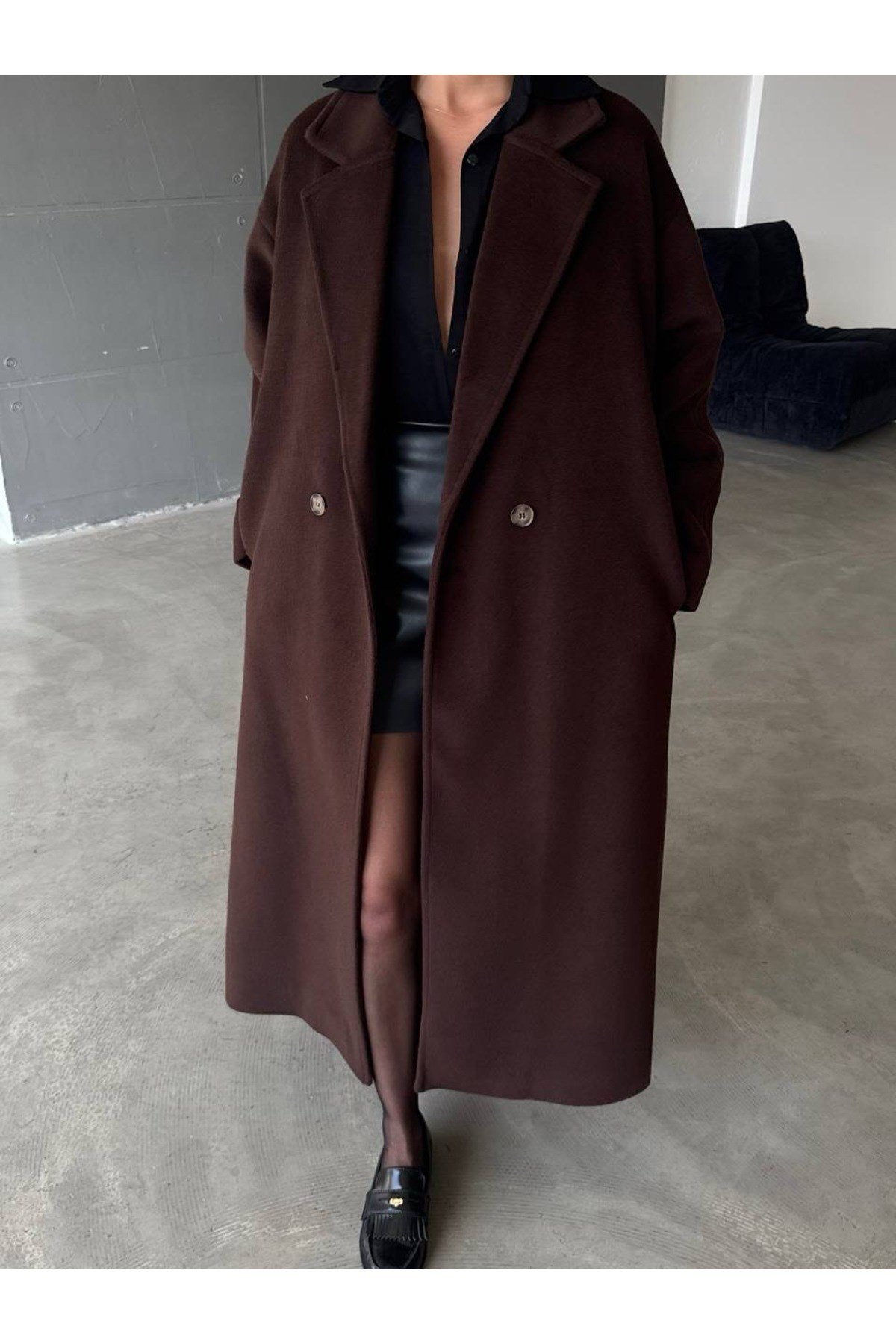 Kahverengi Yün Alaşım Kaşe Oversize Kaban