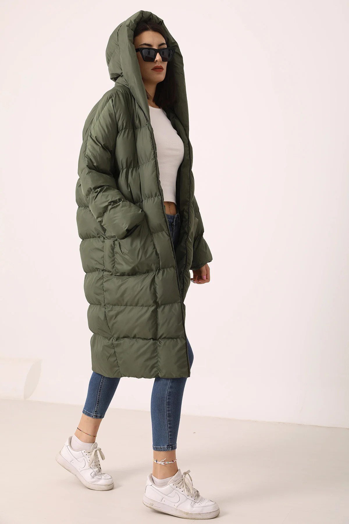 Kapüşonlu,Uzun Versiyon,Çift Cepli Oversize Şişme Mont