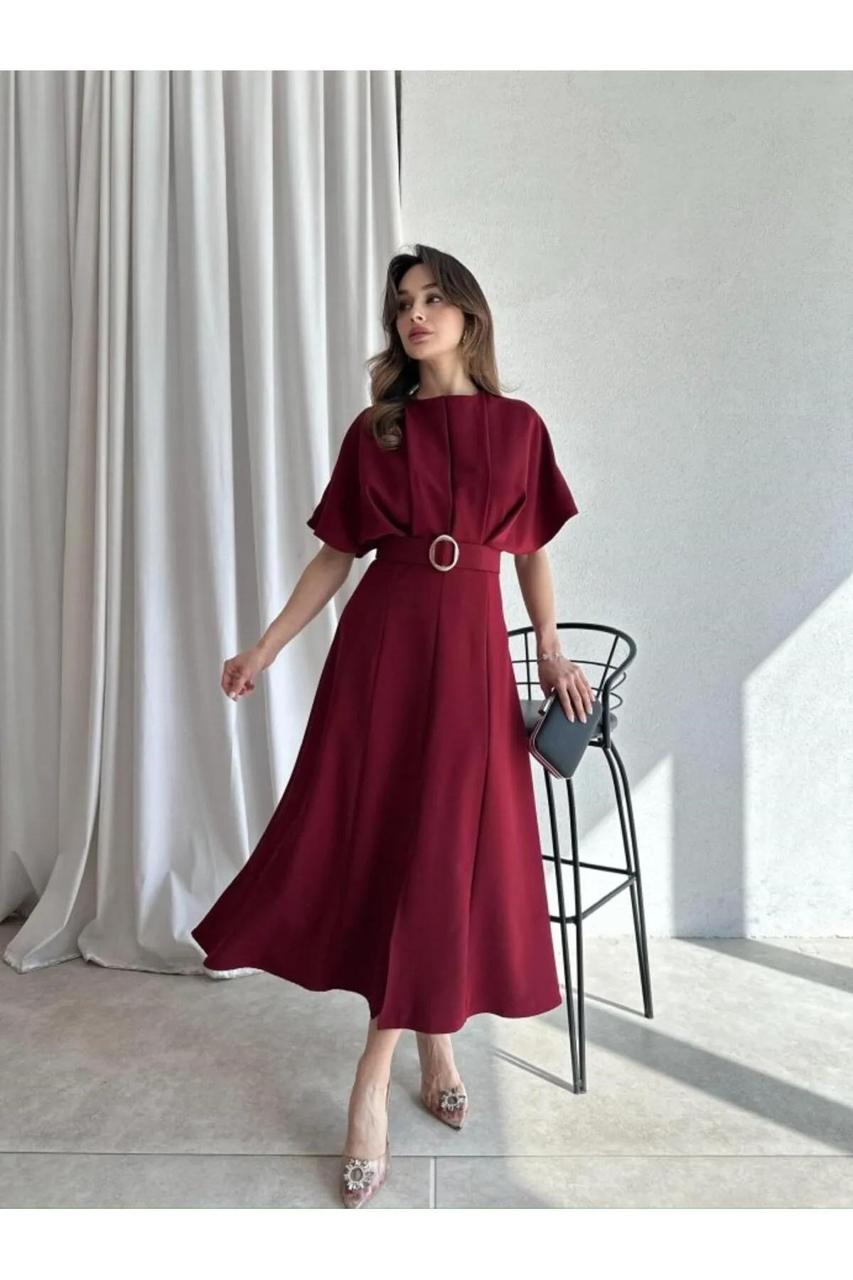 Kemerli Yırtmaçlı Kadın Bordo Elbise Midi 583292