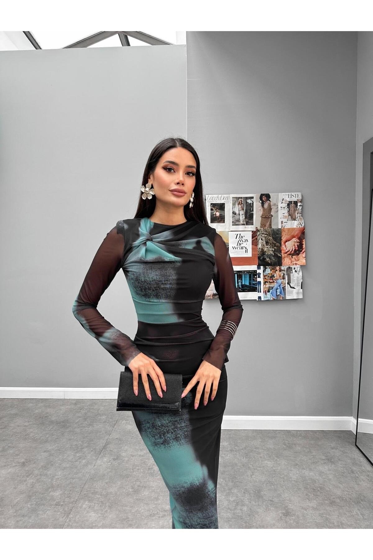 Koshka Desenli Drape Detay Ömuz Vatka Uzun Siyah Tül Elbise