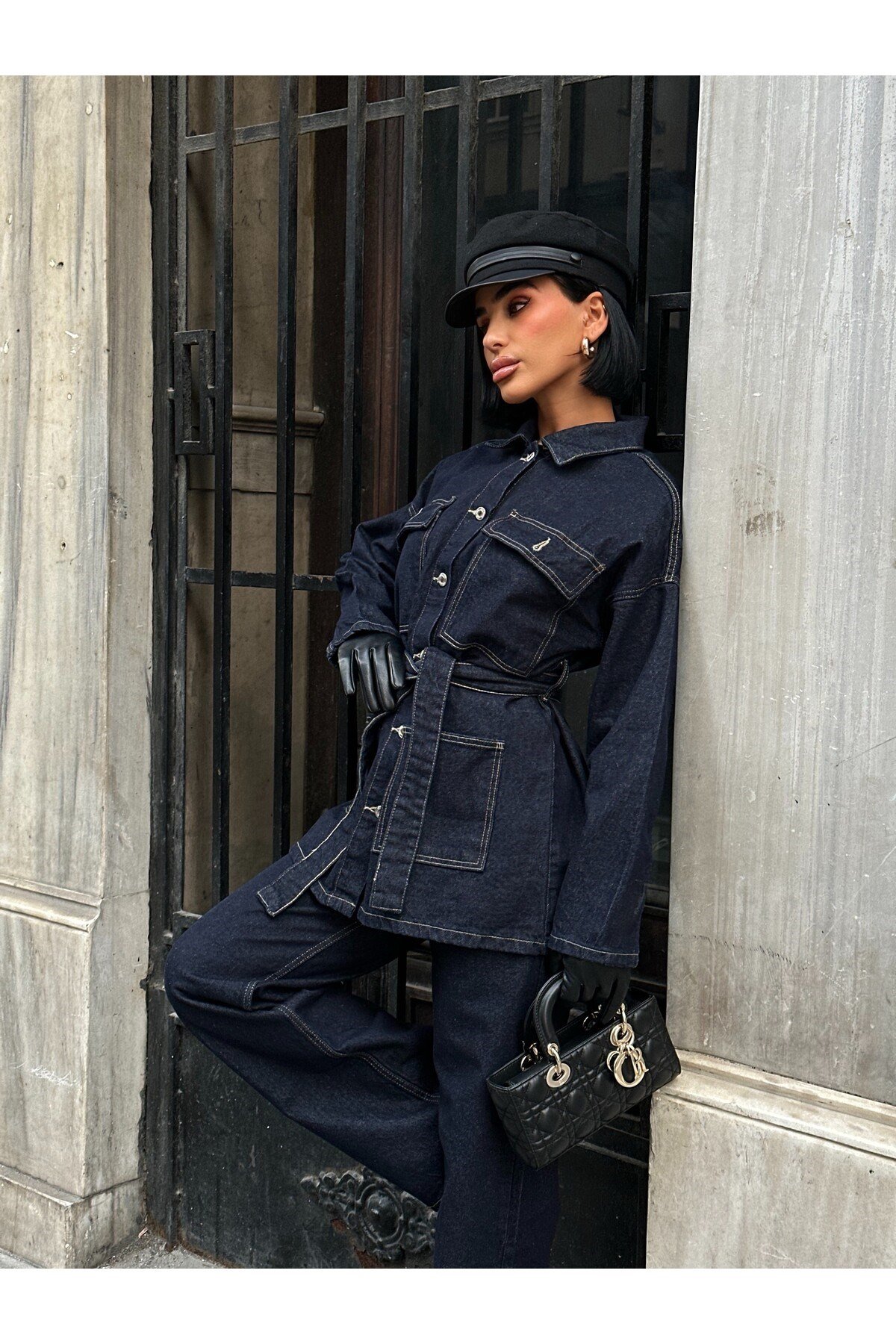 Koyu Lacivert Bağlamalı Denim Takım Oversize Ceket ve Yüksek Bel Pantolon