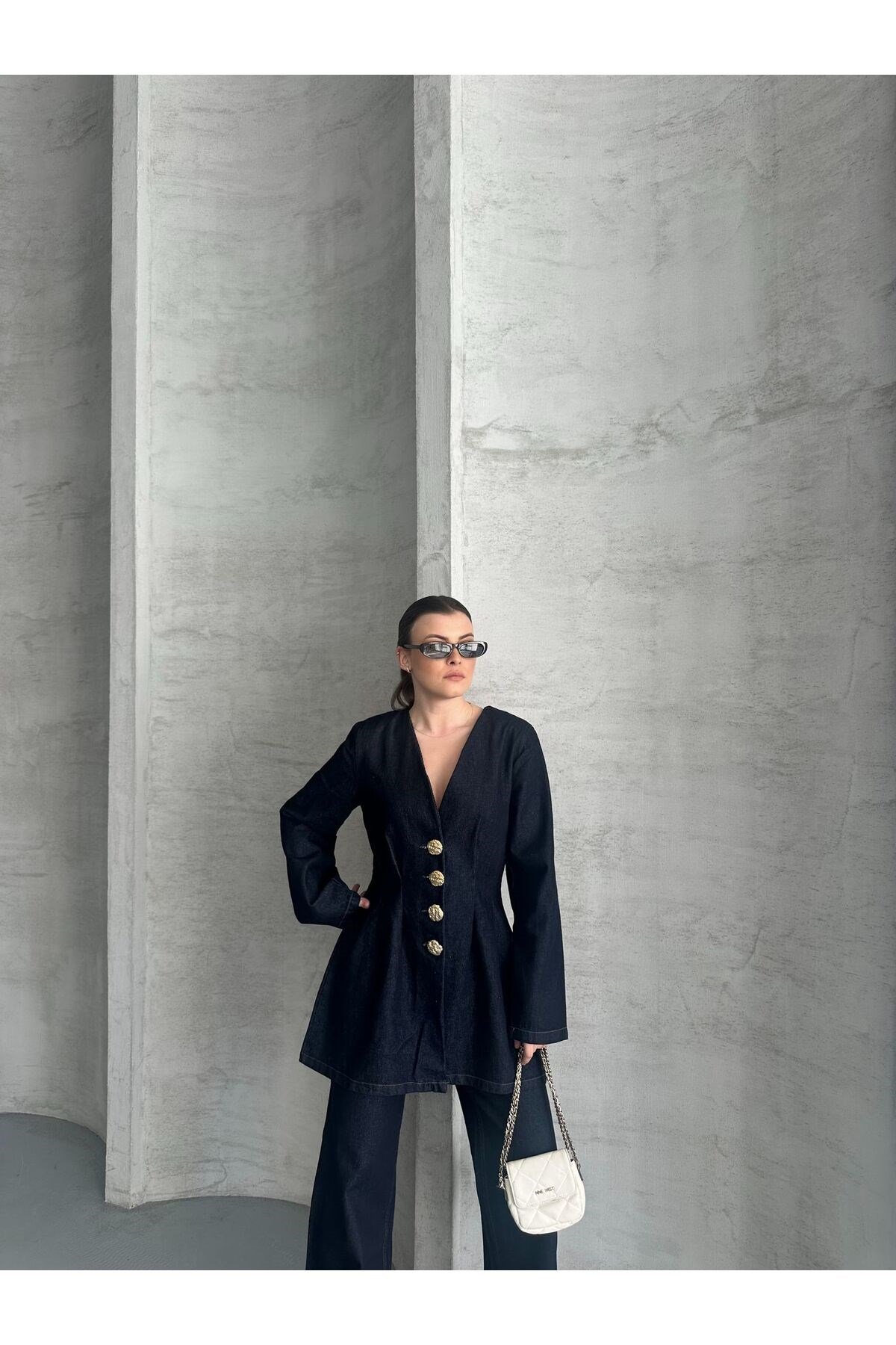 Koyu Lacivert Bağlamalı Denim Takım Oversize Ceket ve Pantolon