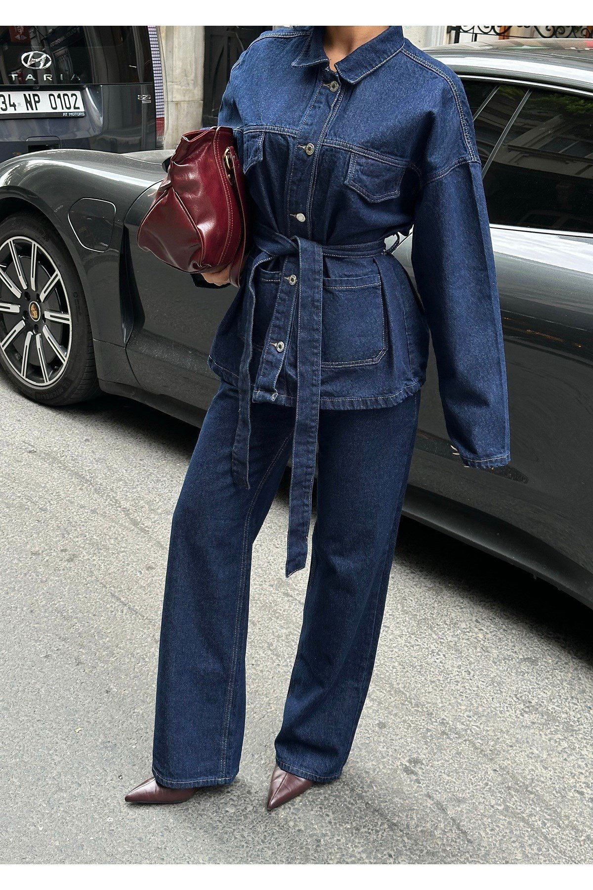 Koyu Lacivert Bağlamalı Denim Takım Oversize Ceket ve Pantolon