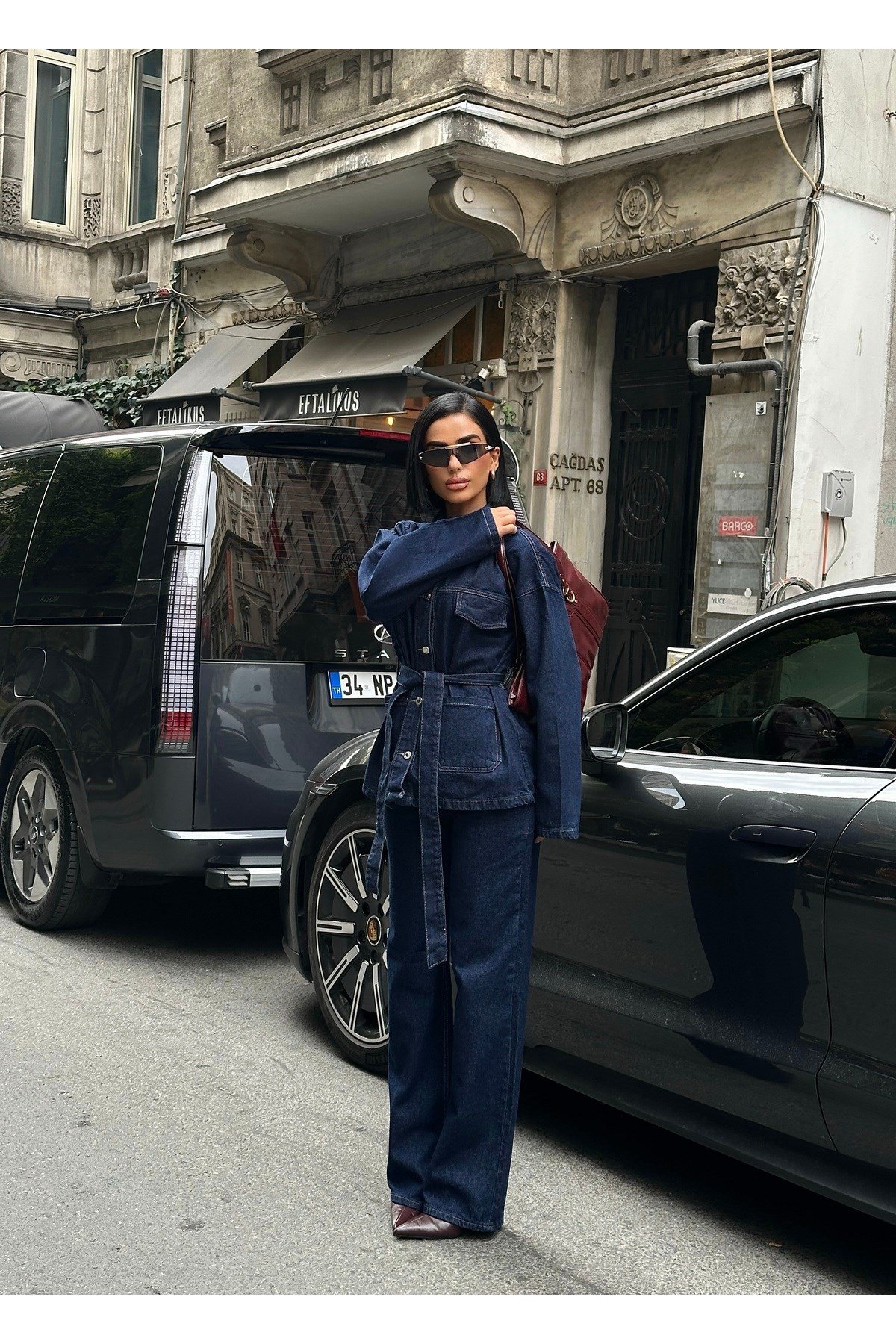 Koyu Lacivert Bağlamalı Denim Takım Oversize Ceket ve Pantolon